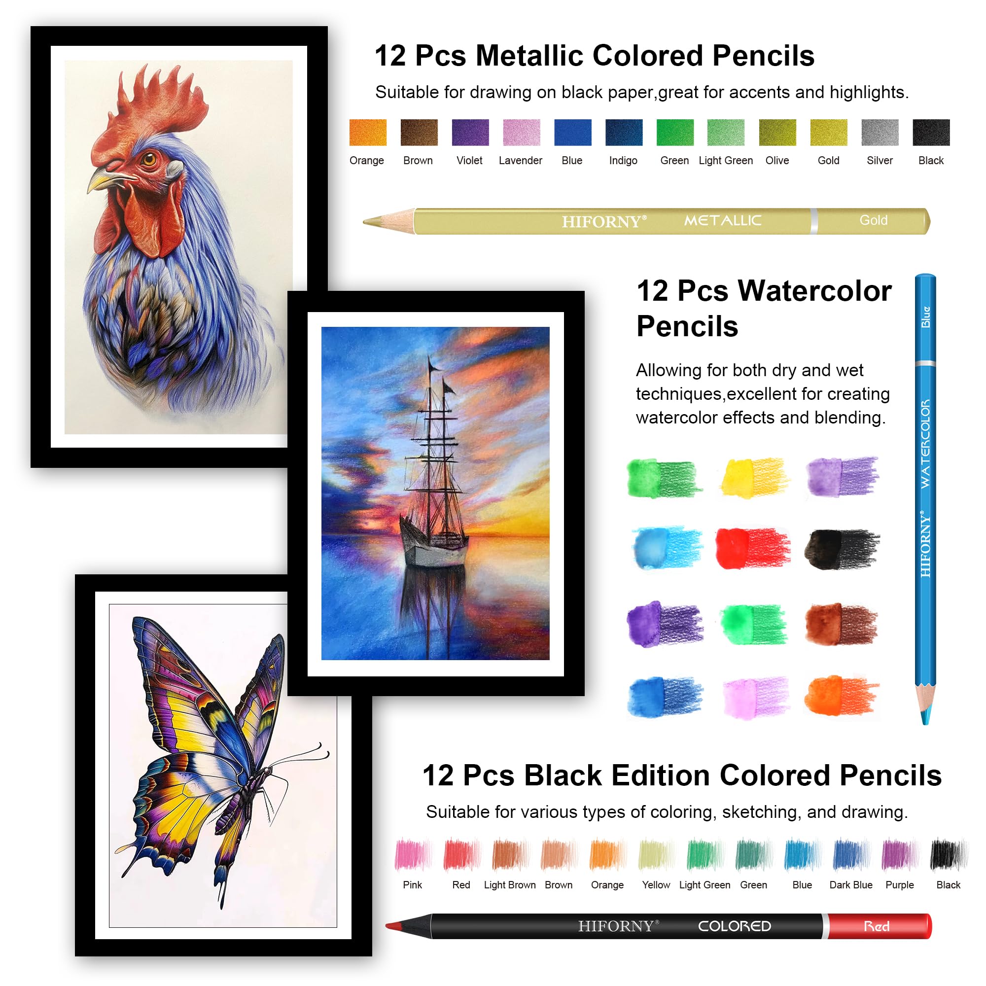 HIFORNY 120-teiliges Zeichen-Set, Künstlerbedarf mit 3 Farbskizzenbüchern, Malbuch, Regenbogen, Aquarell, Metallic, Graphit, Schwarz und Bunt, Mischwerkzeuge und