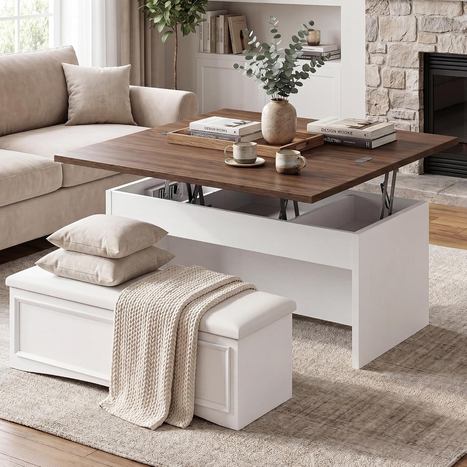 Lift Top Coffee Table with Large Storage Bench, 40''W White Brown