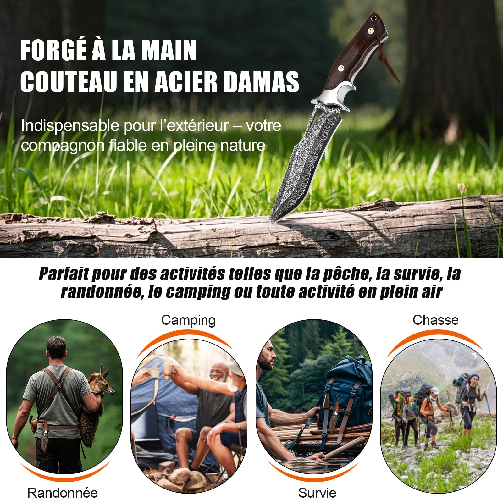 Couteau outdoor lame fixe 26,4 cm, couteau artisanal avec étui en cuir, acier damas 67 couches avec noyau VG10 et manche en bois, outil pour camping, bushcraft et activités en plein air