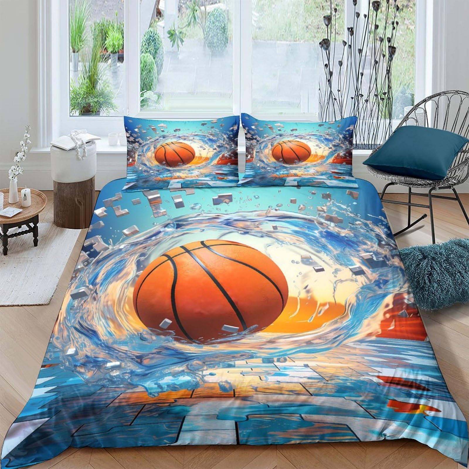 GPLZQXKJNH 3D Printed Basketball Splash Duvet Cover Set Microfiber Bedding with 2 Pillowcases, Orange Blue Sports Theme, for Bedroom Home Décor, Single（135x200cm）