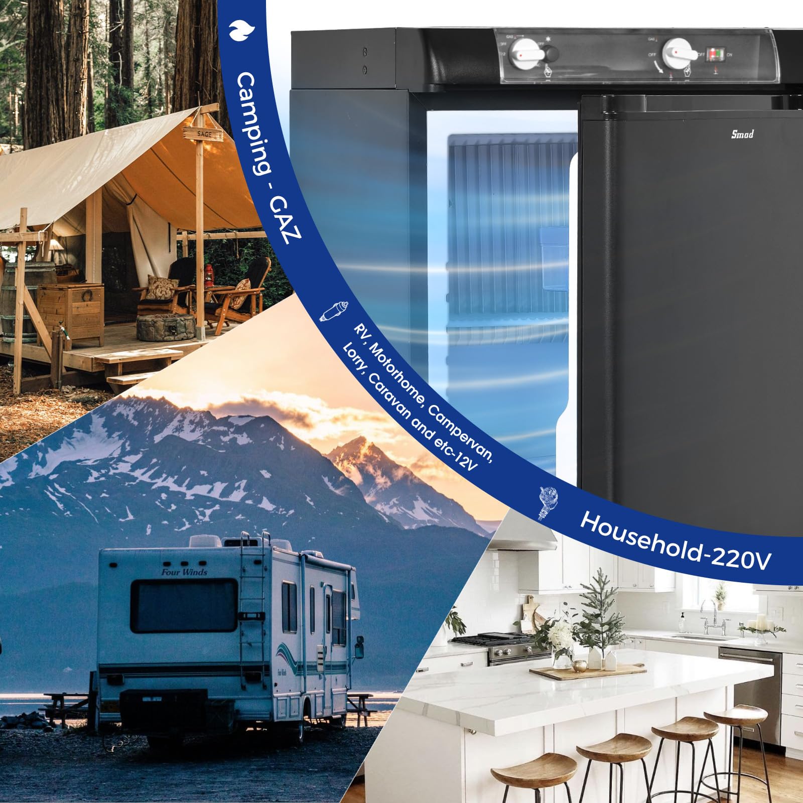 Smad Nevera Camper 60L, Nevera Trivalente-Gas 12V 230V, Camping Frigorifico Trivalente para Caravanas, Autocaravanas, Furgonetas, Garajes, Camiones, Casas Móviles, Sin Ruido, Absorción