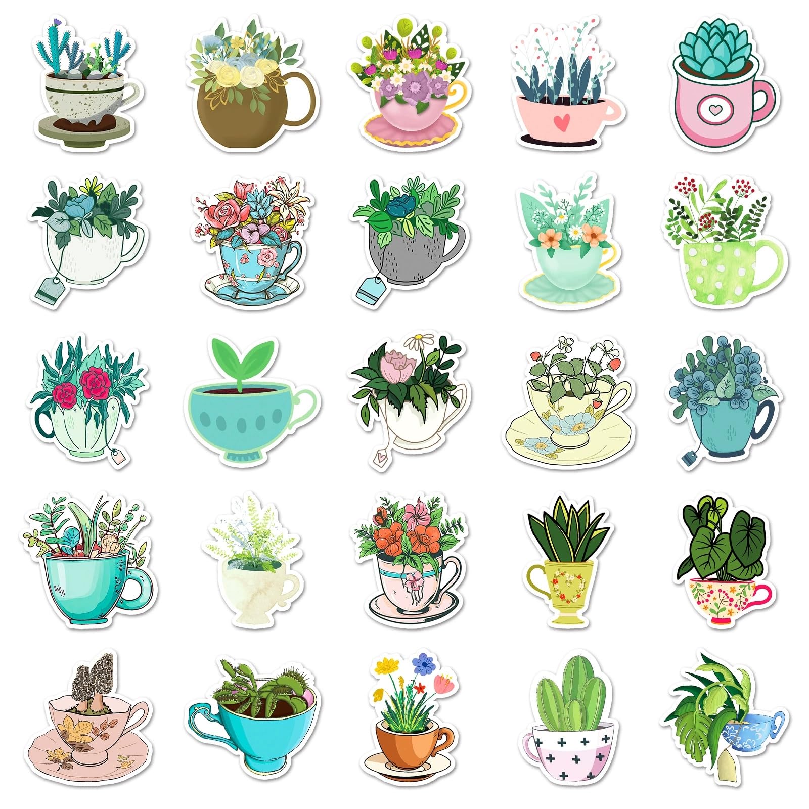 50 Pcs Tea Cup Stickers for Water Bottle Waterproof Sticker for Laptop Skateboard Phone Car Decals for Teens Adults for Party Favors Supplies Decor (Teacup Stickers) - Image 4