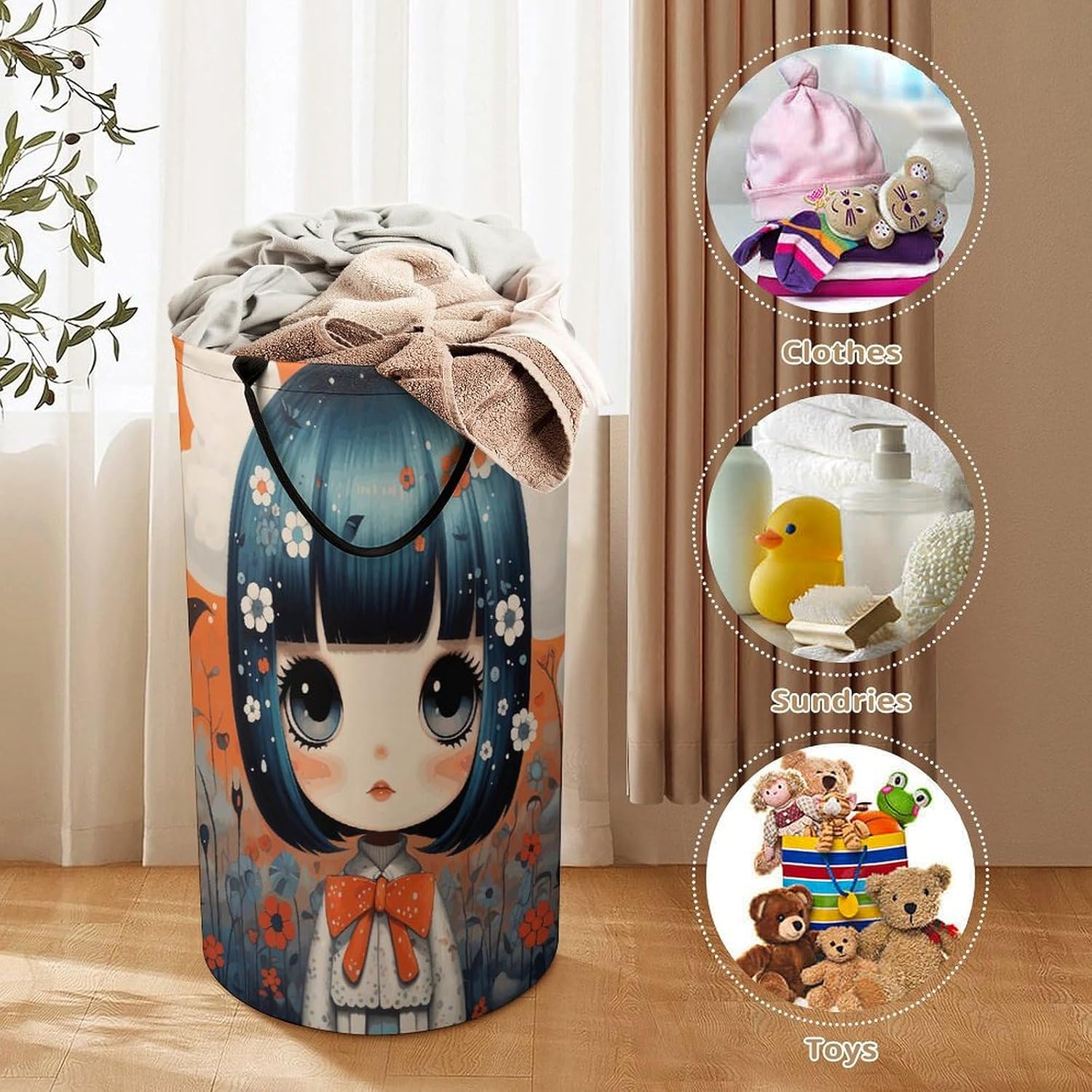 Storage Basket Waterproof Foldable Laundry Hamper Anime Pictures Printed Round Dirty Clothes Laundry Basket Suitable for Family Dorms image 3