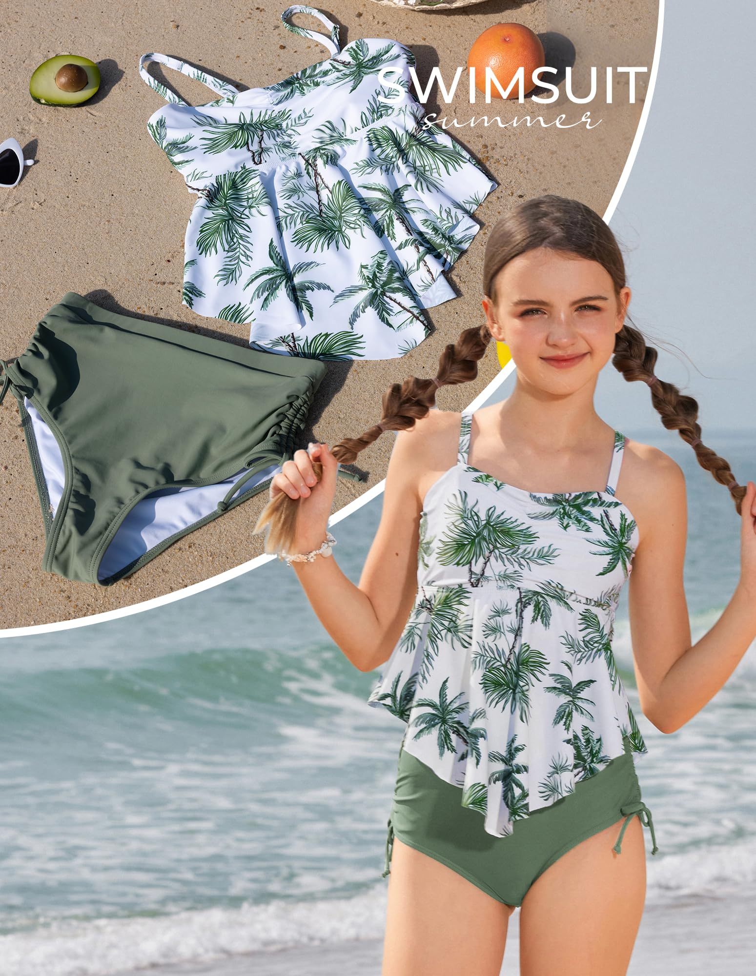 GRACE KARIN Dziewczęcy 2-częściowy strój kąpielowy, tankini, z nadrukiem, ze zdejmowanymi poduszkami na piersi, jednokolorowe szorty kąpielowe