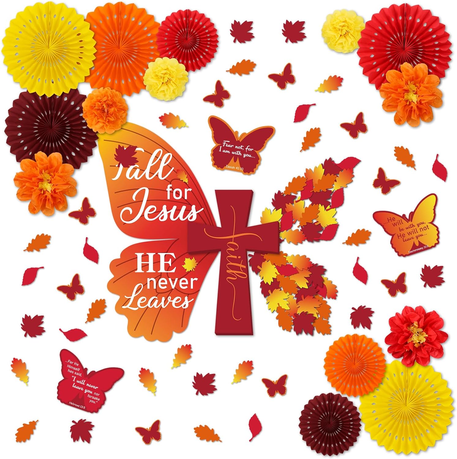 104 Pcs Fall Christian Butterfly Bulletin Board for Classroom Fall for Jesus He Never Leaves Religious Bulletin Board with 3D Fans Paper Flower for Thanksgiving Sunday School Church Decor
