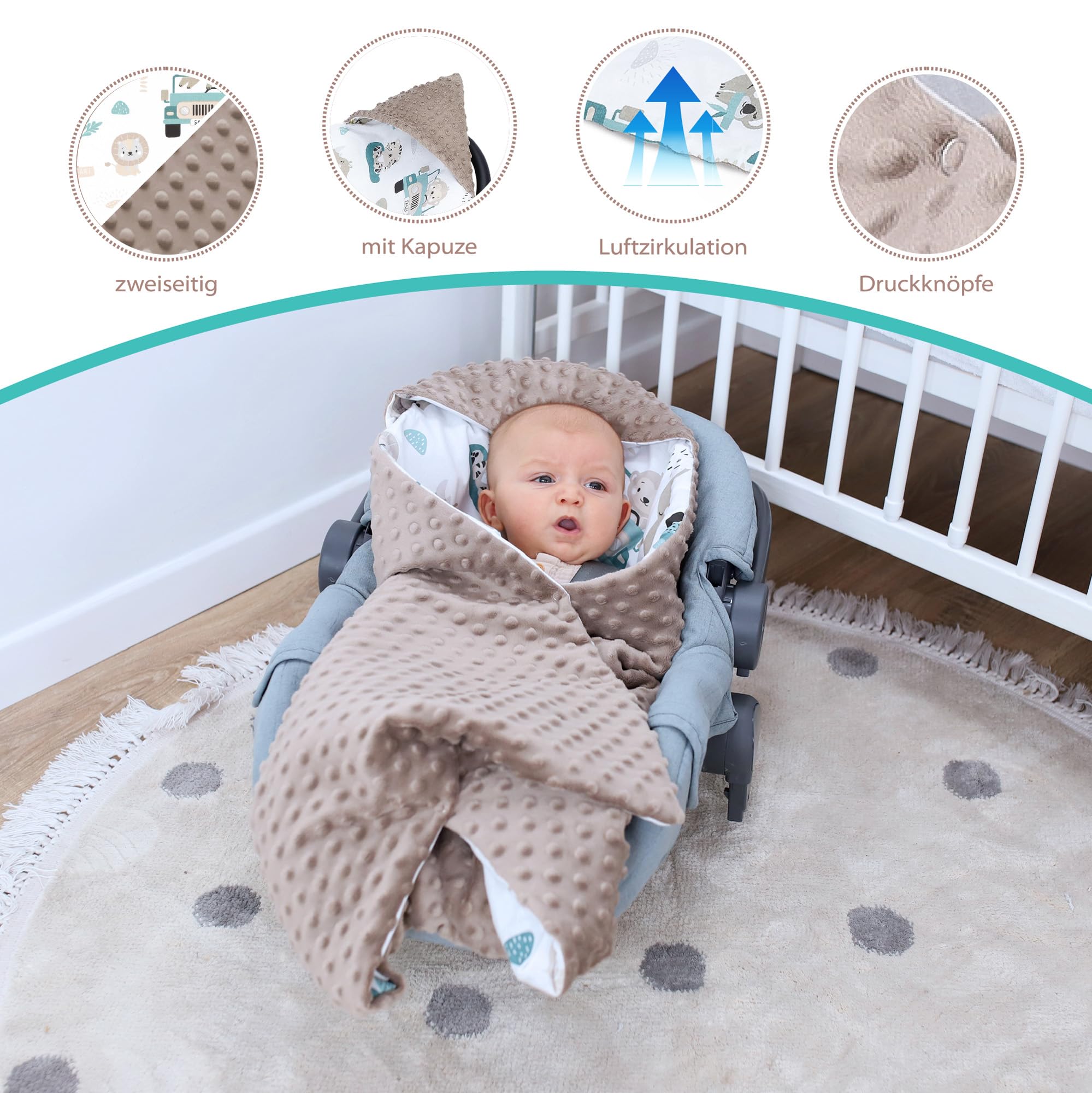 Totsy Baby Sacco ovetto coperta invernale 90x90 cm - universale lavabile copertina per passeggino bebe per seggiolino auto bambino o swaddle neonato 0-6 mesi Africa marrone