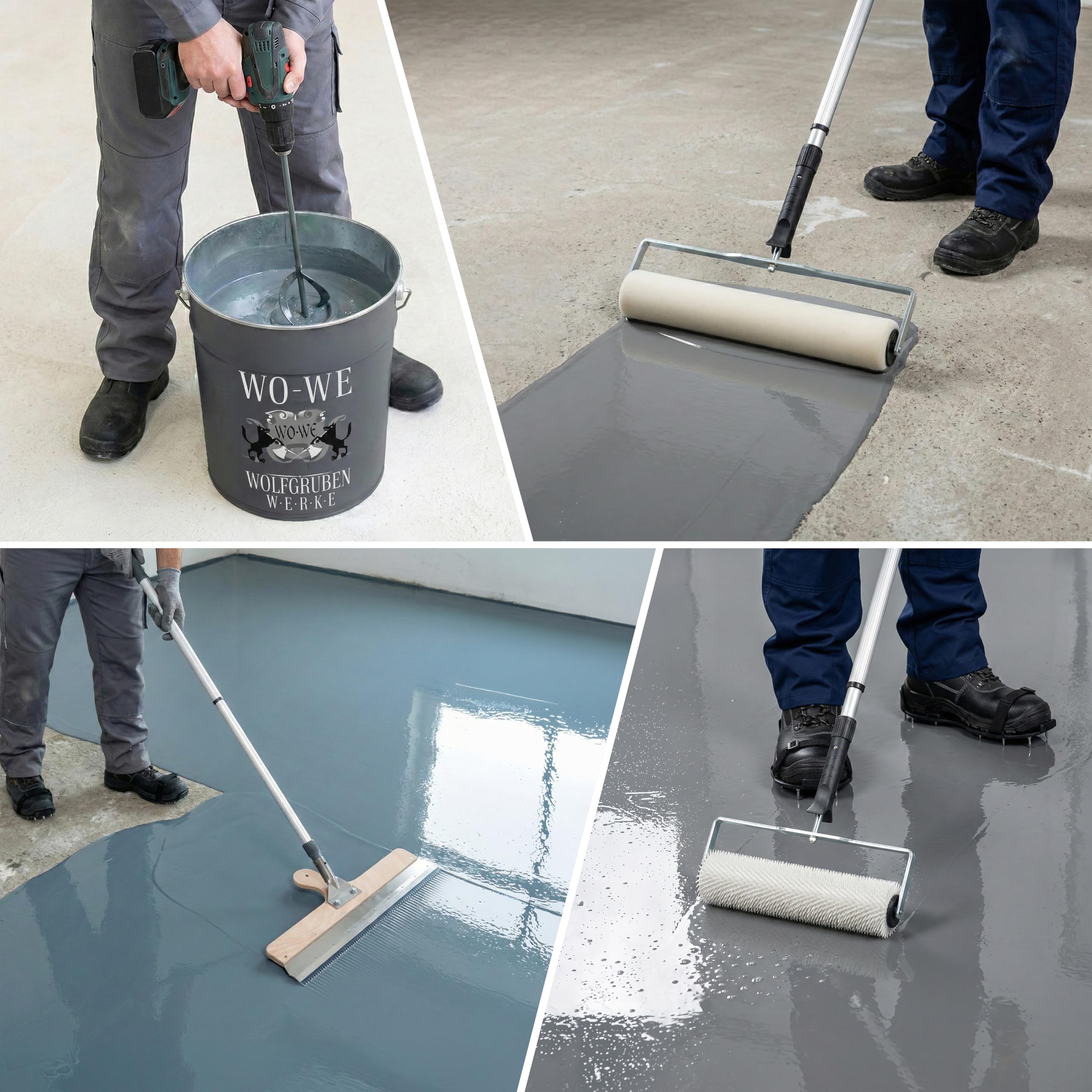 Set attrezzi per pavimenti resina epossidica composto livellante | Raschietto livellatore con asta telescopica | Miscelatore elica | Scarpe chiodate