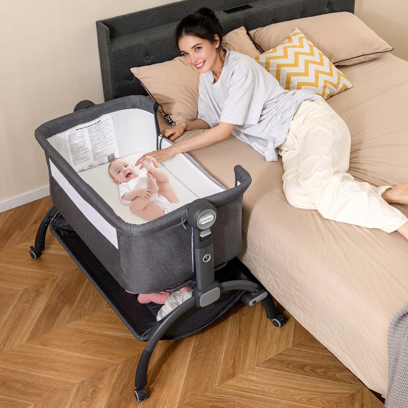 COSTWAY Culla Neonato, Culla Co-Sleeper Regolabile in Altezza a 7 Livelli, Ruote Bloccabili, Cesto Portaoggetti, Materasso e Baldacchino, Lettino Portatile e Pieghevole per Neonati 0-6 Mesi (Grigio)