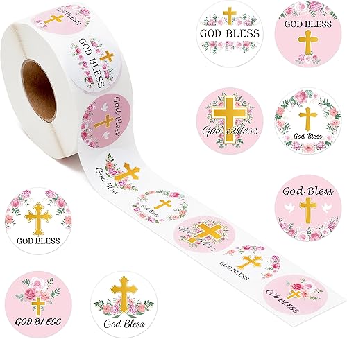 1000 calcomanías de bautismo con diseño floral rosa para fiesta religiosa, decoración para primera comunión, suministros de fiesta, bautizo,
