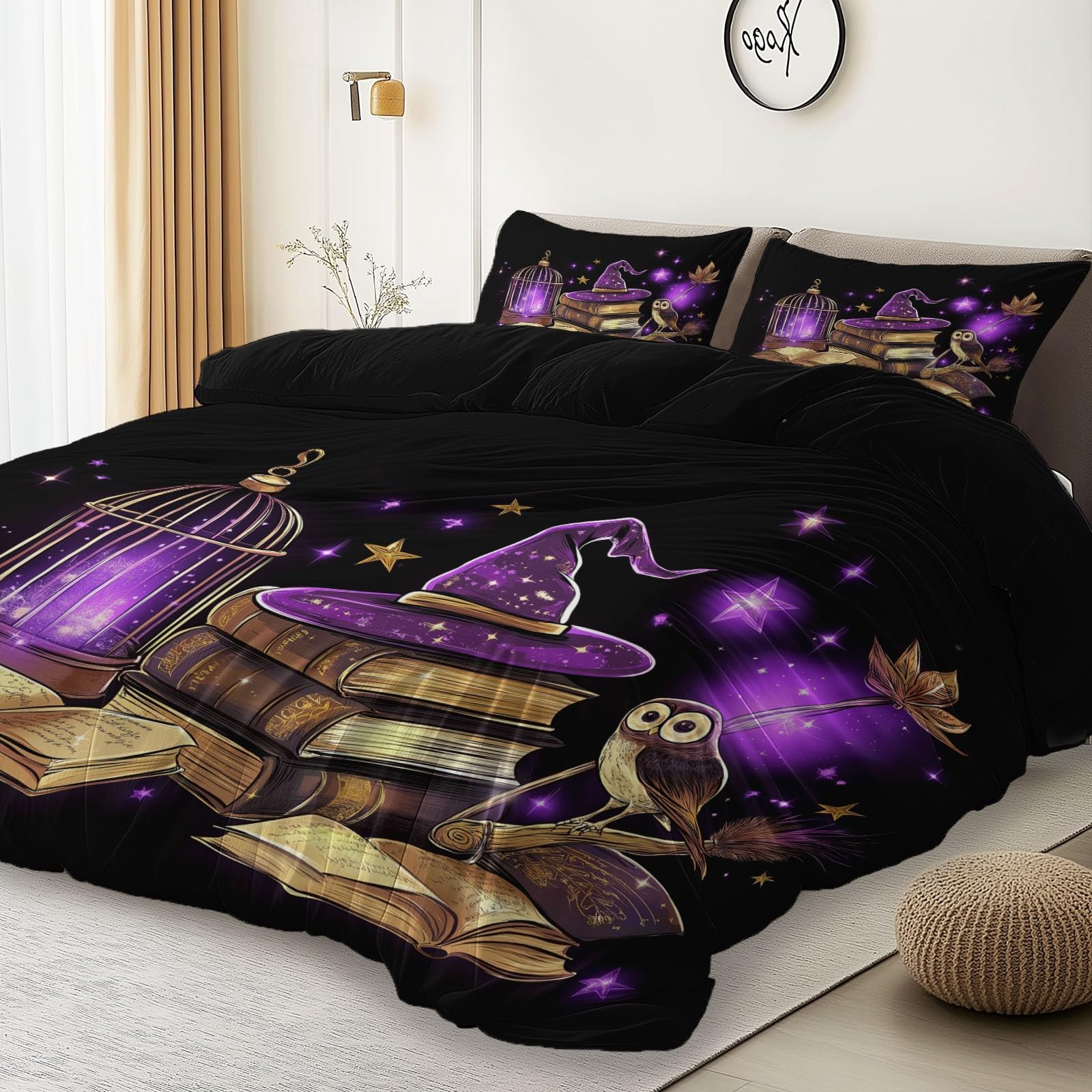 Set di Biancheria da Letto con Stampa Cartone animato Fantasy Tema Harry Potter, Copripiumino con Cerniera, 200 x 200 cm Incluso 2 Federe, Biancheria da Letto per Ragazzi e Ragazze, Nero
