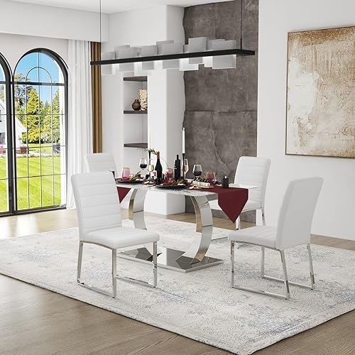 Miniatura 20 de Juego de 4 sillas de comedor modernas, sillas de cocina de piel sintética gris, sillas de comedor tapizadas sin brazos con patas mentales plateadas,