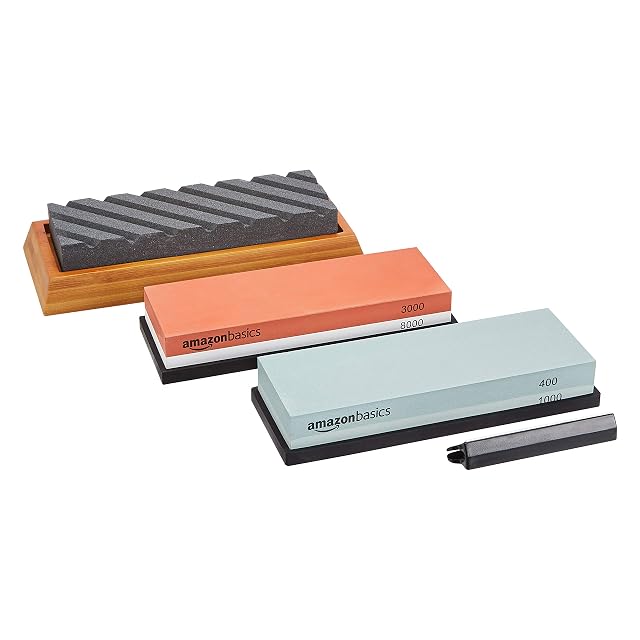 Amazon Basics Whetstone Knife Sharpening Wet Stone Dual Sided 400 1000 and 3000 8000 Grit Stones Flattening Stone