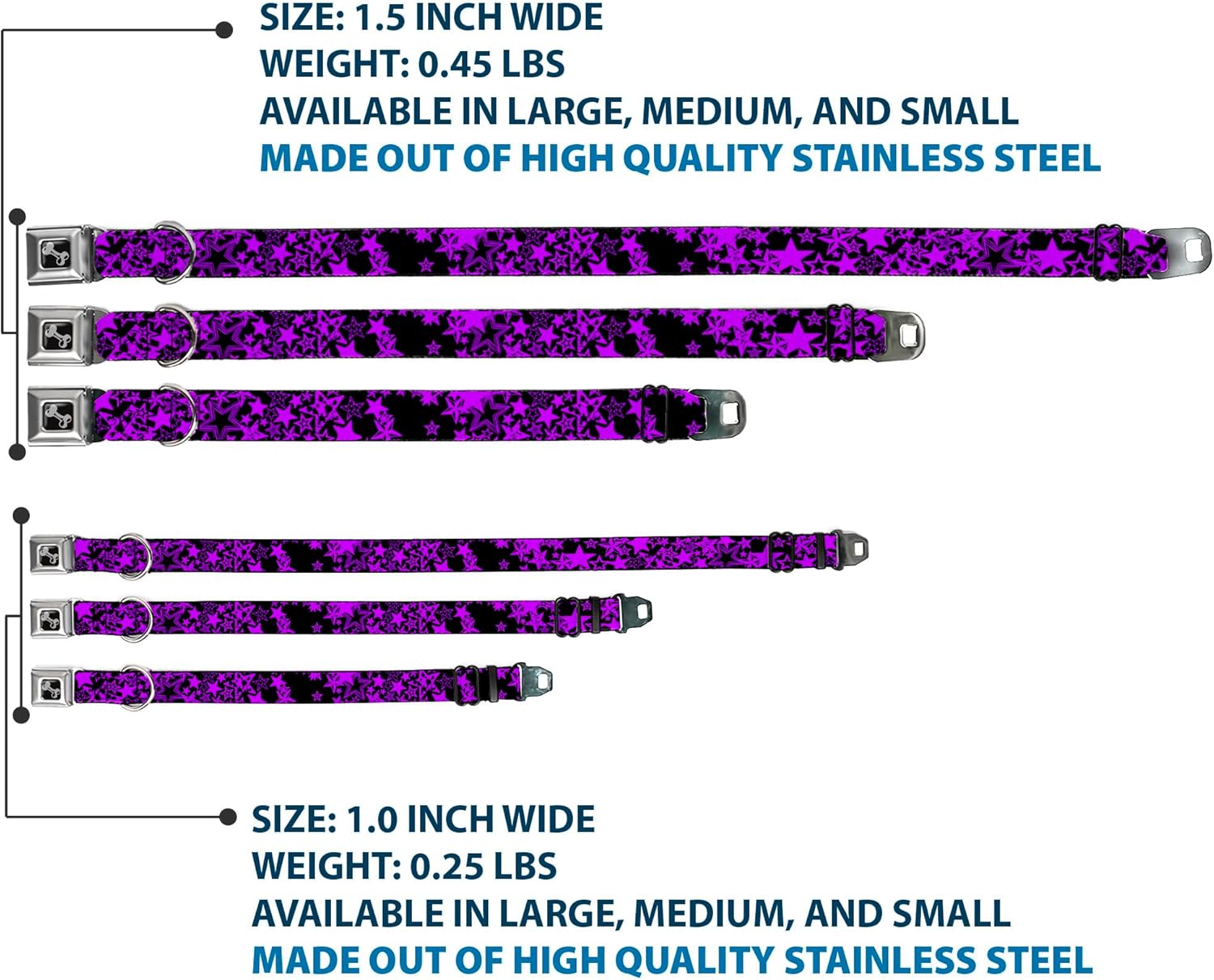 Dog Collar Seatbelt Buckle Stargazer Black Purple 9 to 15 Inches 1.0 Inch Wide