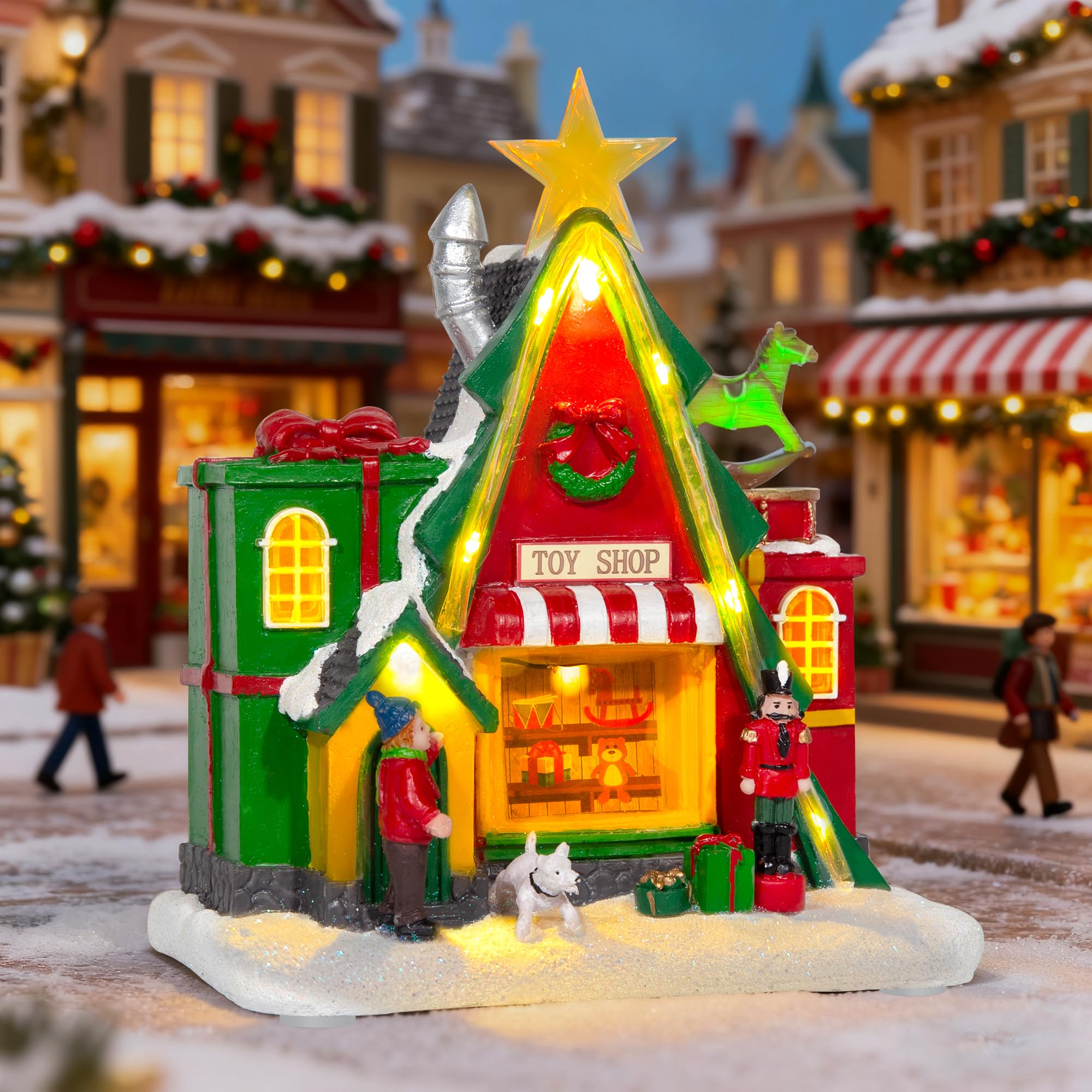 Maison de village musicale lumineuse à DEL – 18 cm – Boutique de cadeaux triangulaire – Décoration de maison de village de Noël – Bâtiments de collection pour la maison, la salle de bal et le
