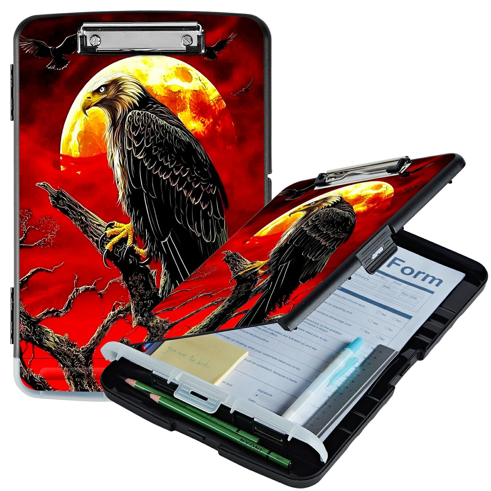 RWUTYTIUL Red Sky Eagle A4 Clipboard with Storage Pen Holder, Clipboards Organizer Nursing Clipboard Foldable File Folder Plastic Clipboard Folio Clip Board for Office Students Classroom Doctor — image 1