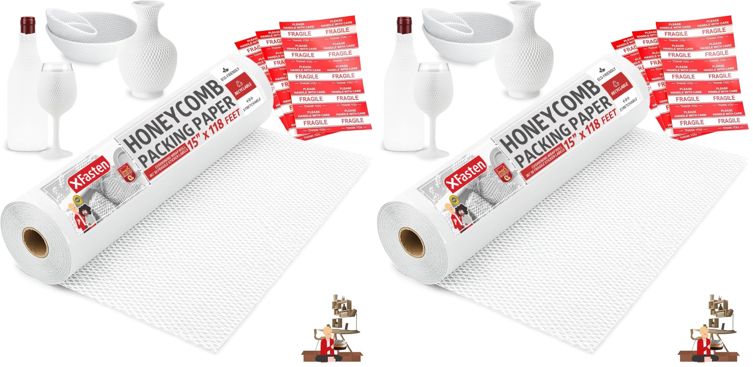 XFasten White Honeycomb Packing Paper for Moving 15-Inch x 118-Feet Bubble Honeycomb Wrap, Honeycomb Wrapping Paper for Packing Cushion with 30 Fragile Stickers Packaging Material (Pack of 2)