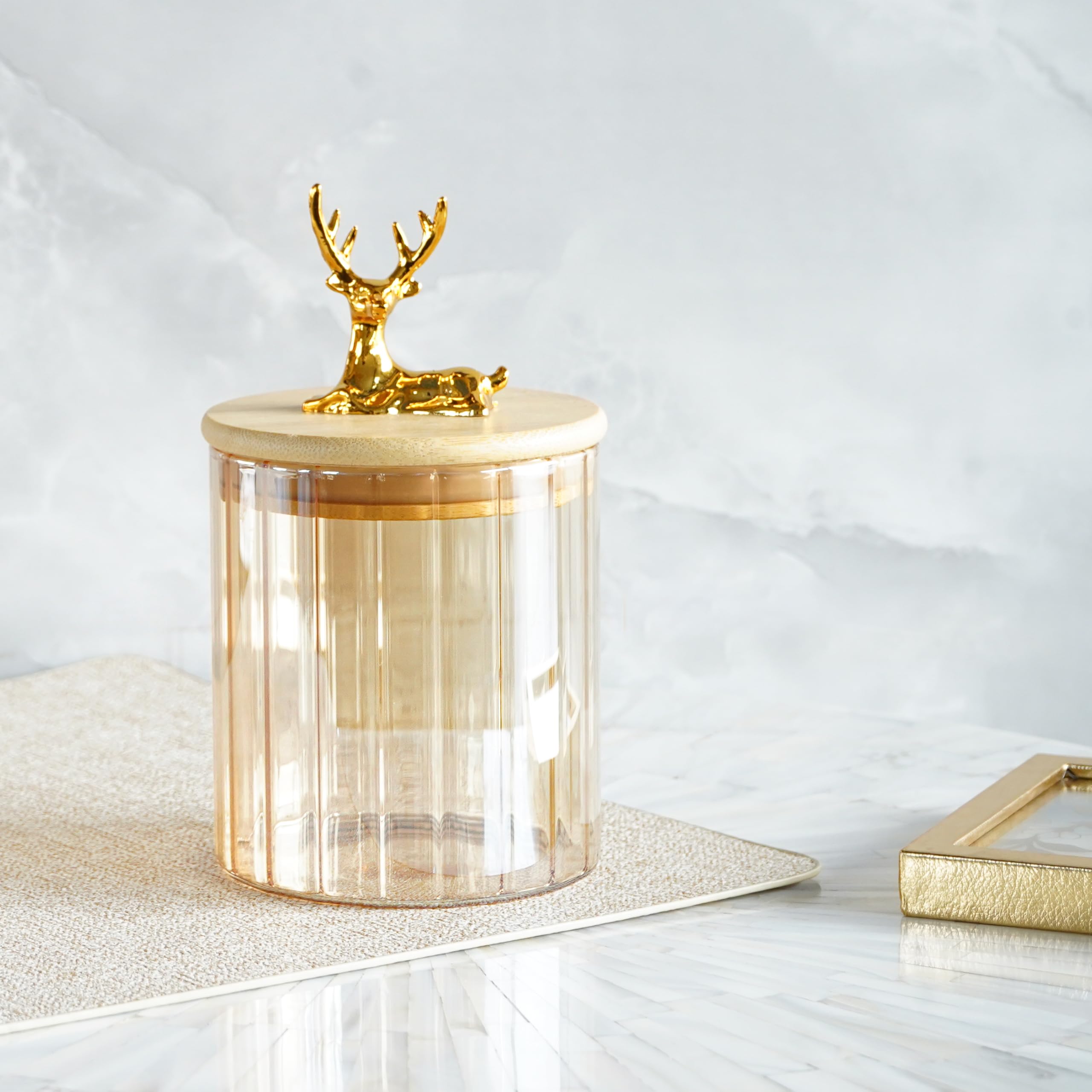 Rcasa Fluted Glass Jar with Airtight Bamboo Lid, Decorative Storage Container with Golden Reindeer Handle for Kitchen, Pantry & Bathroom | Modern Amber Canister for Coffee, Tea, Sugar, Spices(500ml)