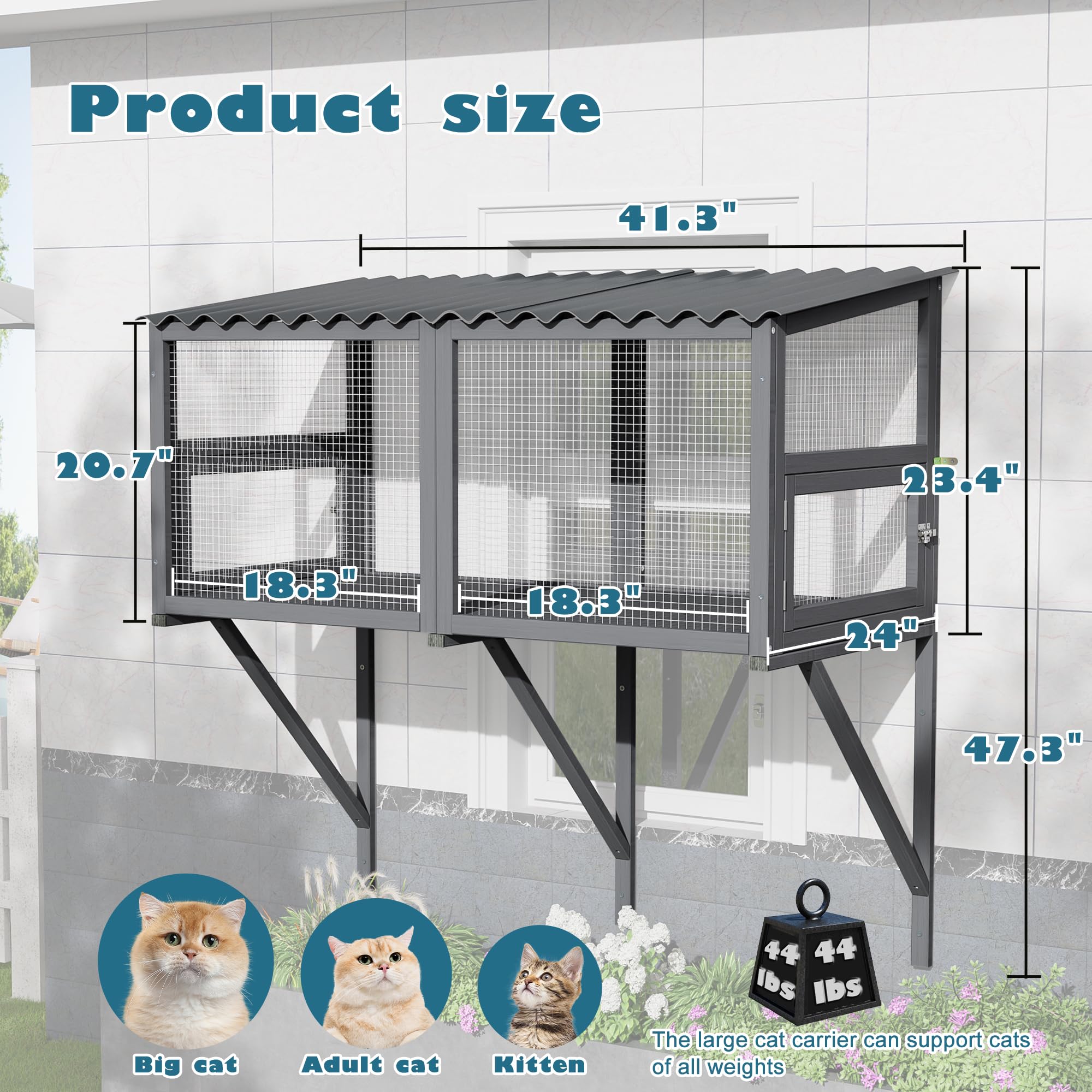 LETATA Cat Catio, Cat Window Box for Multiple Indoor Cat, Catio Cat Perch with Metal Mesh Locking Side Door, Wooden Cat Enclosure Window All Weather Use 360° Enjoying Outdoors (Gray, Large)