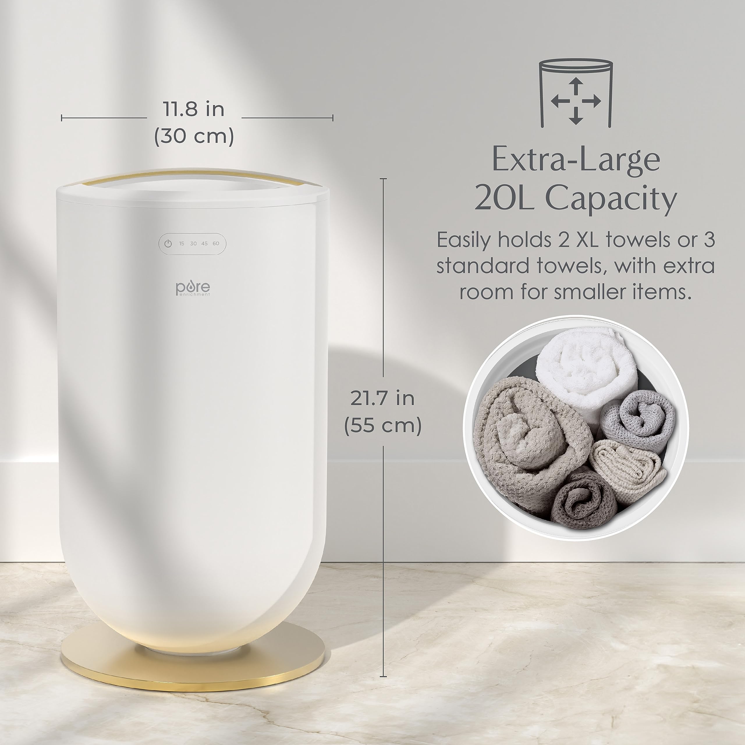 PureBliss Calentador de toallas de lujo – Extra grande de 20 litros calienta toallas, batas, mantas o ropa – Diseño moderno de cubo, 4 ajustes de temporizador de calor y apagado 5
