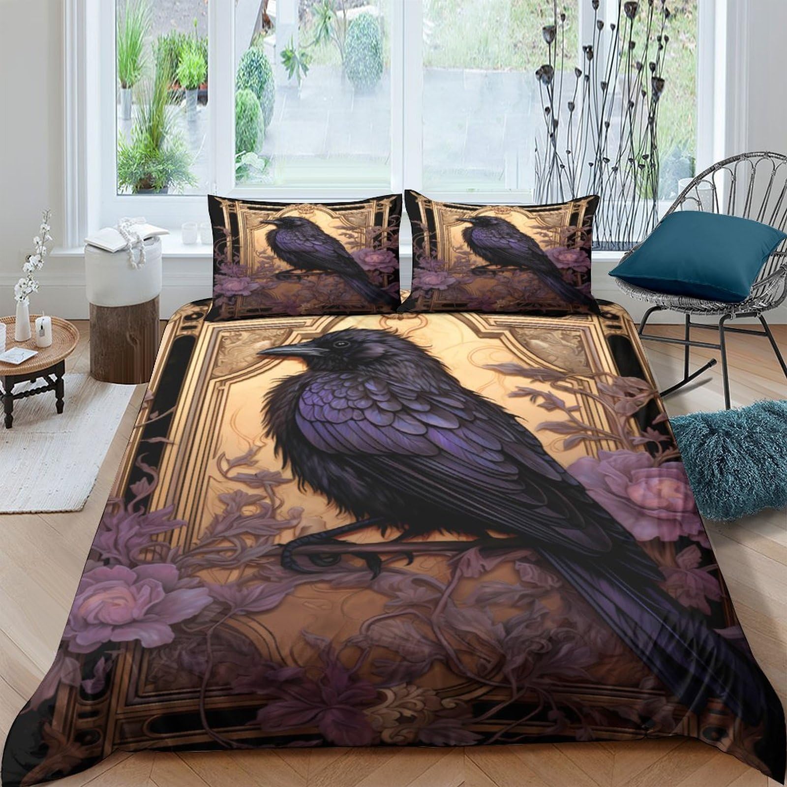 Ctjqhvkz Style-8 3D Printed Raven Art Fitted Sheet Microfiber Soft Breathable Gothic Forest Bed Cover For Bedroom Decor Single（135X200cm）