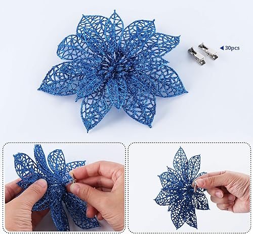 Miniatura 4 de ilauke 24 flores de Pascua artificiales de Navidad, flores artificiales de Navidad con purpurina de 6 pulgadas con 30 clips plateados, para adornos