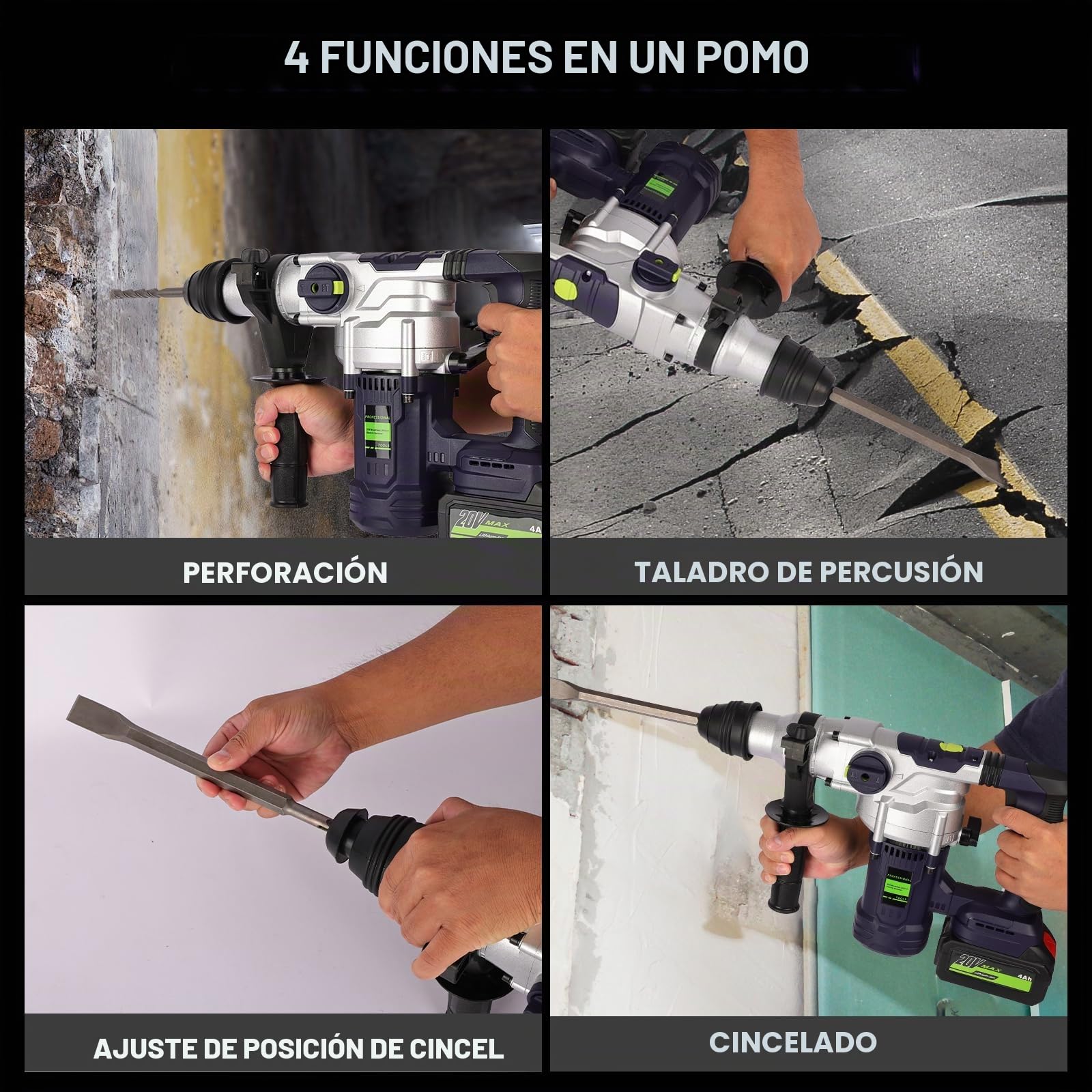 Martillo Perforador a Batería 1000W 2 x 4.0Ah 20 V 4.5J Martillo Percutor Inalámbrico SDS Plus 3 en 1 4500RPM para Hormigón y Mampostería Maletín y 5 Brocas/Cinceles para Hormigón y Mampostería