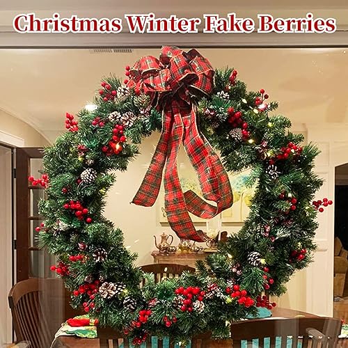 Miniatura 5 de Paquete de 20 tallos falsos de bayas rojas, bayas rojas artificiales, bayas rojas de 7.8 pulgadas para decoración de árbol de Navidad, manualidades,