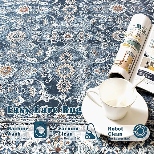 Miniatura 5 de jinchan Alfombra lavable de 2 x 5 pies, alfombra vintage envejecida, para cocina, azul, plegable, delgada, tradicional, con estampado floral,