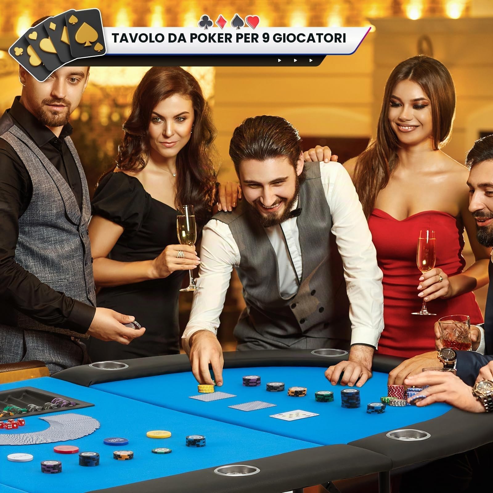 AVAWING Tavolo da poker pieghevole, 9 giocatori, tavolo da gioco con portabevande in acciaio inox, tavolo da poker (Blu)