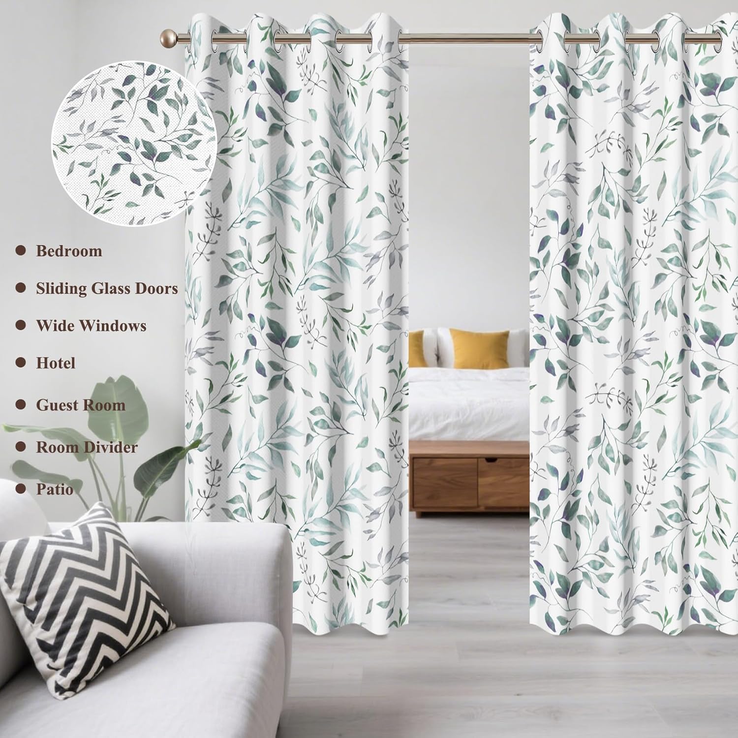AWERT Green Leaves Thick Linen Window Curtains 55 Inch Length 2 Panels Leaf Plant Print Botanical Light Filtering Window Drapes for Bedroom Living Room Wide Sliding Door Curtains 29x55 Inches