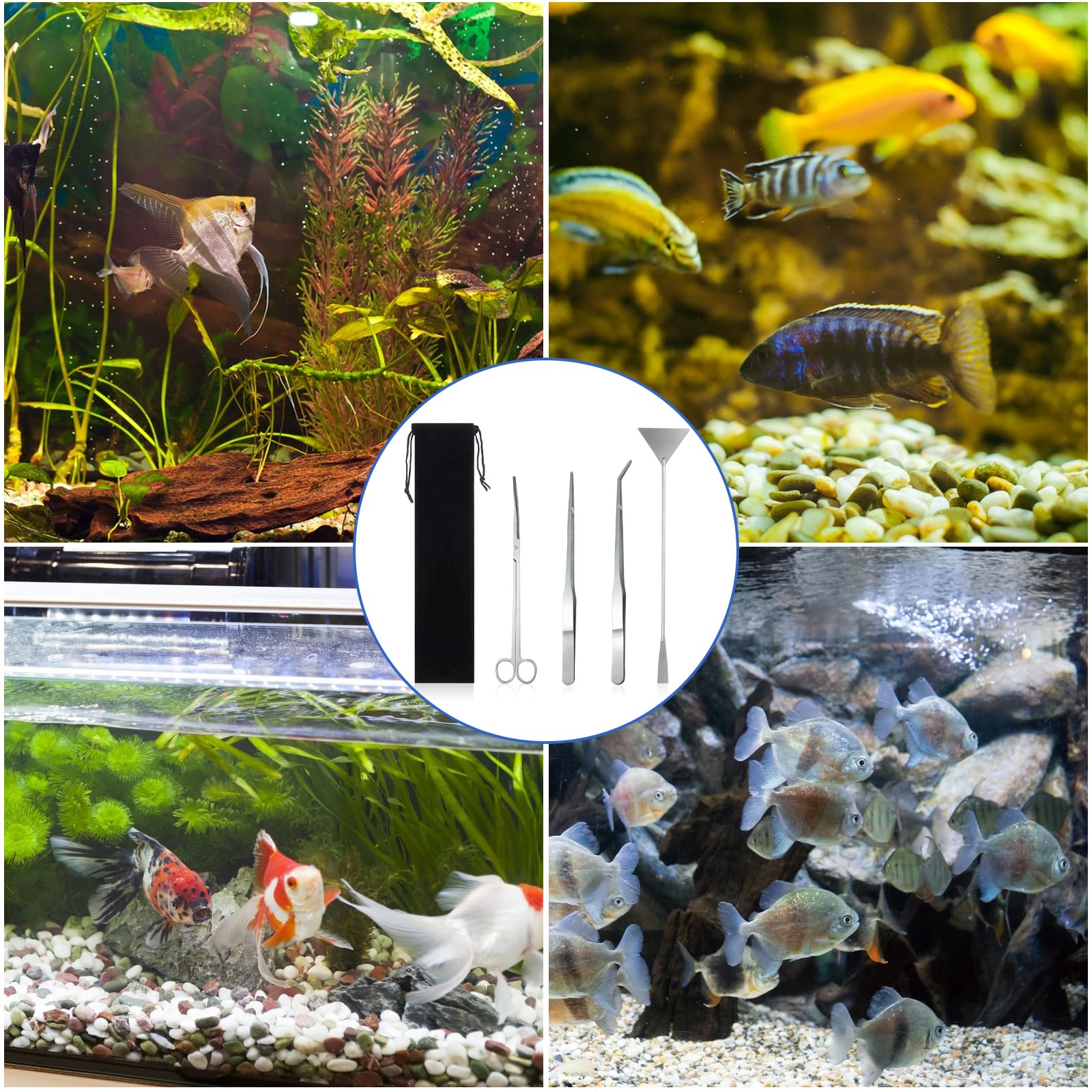 4 in 1 Set di Attrezzi per Acquario, Acquari in Acciaio Inox Kit Pinzette Forbici Spatola con Borse di Stoccaggio Accessori Acquarios per L'acquario Landscaping e Piante Acquatiche