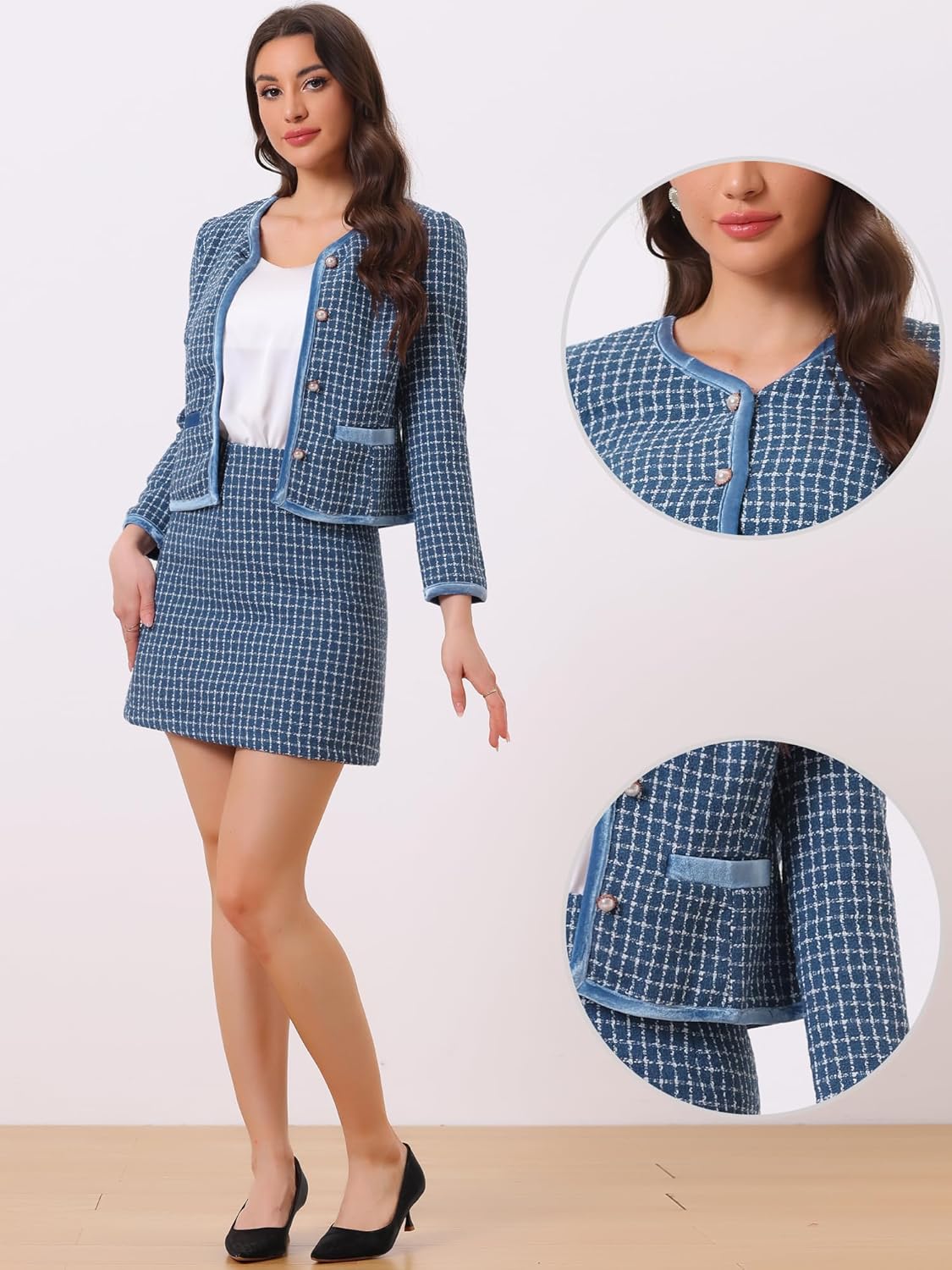 Allegra K Business Suit Set for Women's 2 Piece Outfits Plaid Tweed Easter Short Blazer Jacket and Skirt Sets - Image 2