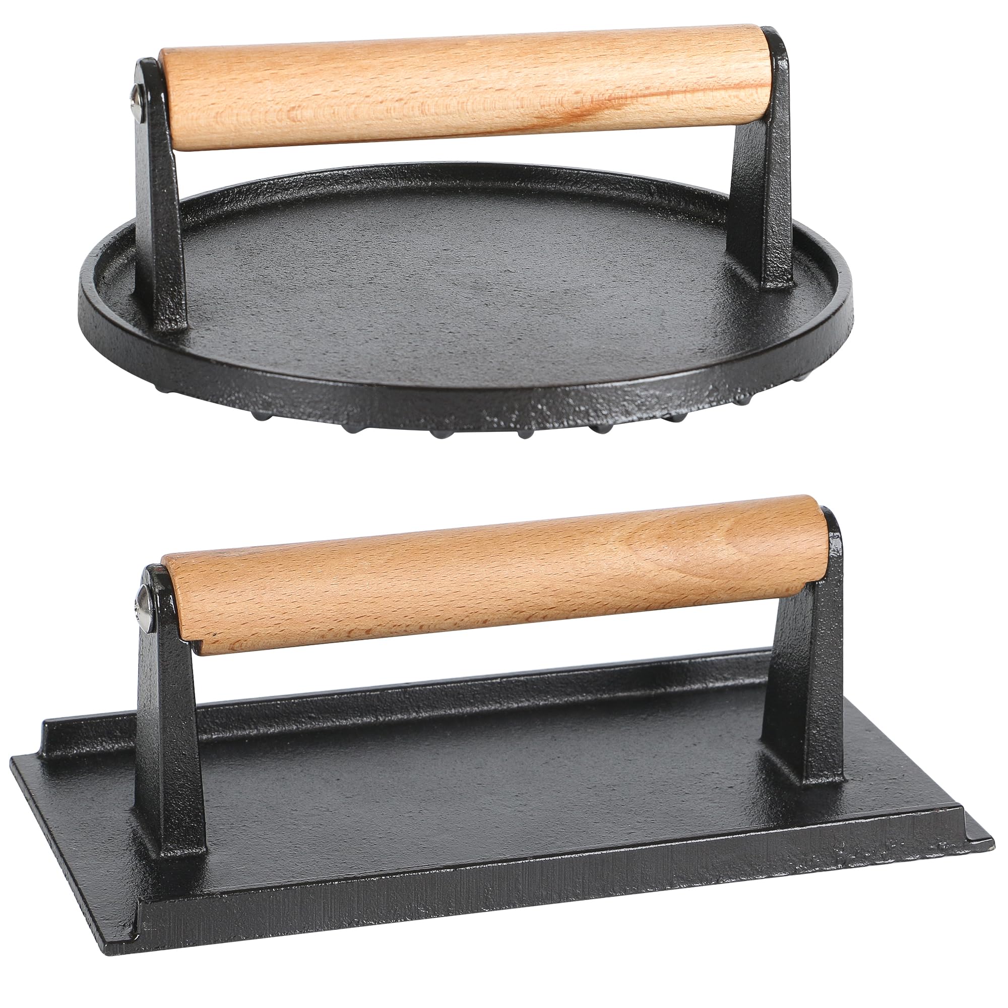 STYDDI 2-Pieces Heavy-Duty Cast Iron Burger Press with Wooden Handle, Gill Press for Smash Steaks, Bacons and Paninis, Ideal for BBQ, Pan and Flat-top Griddle, 7" Round & 8.27"x4.21" Rectangle