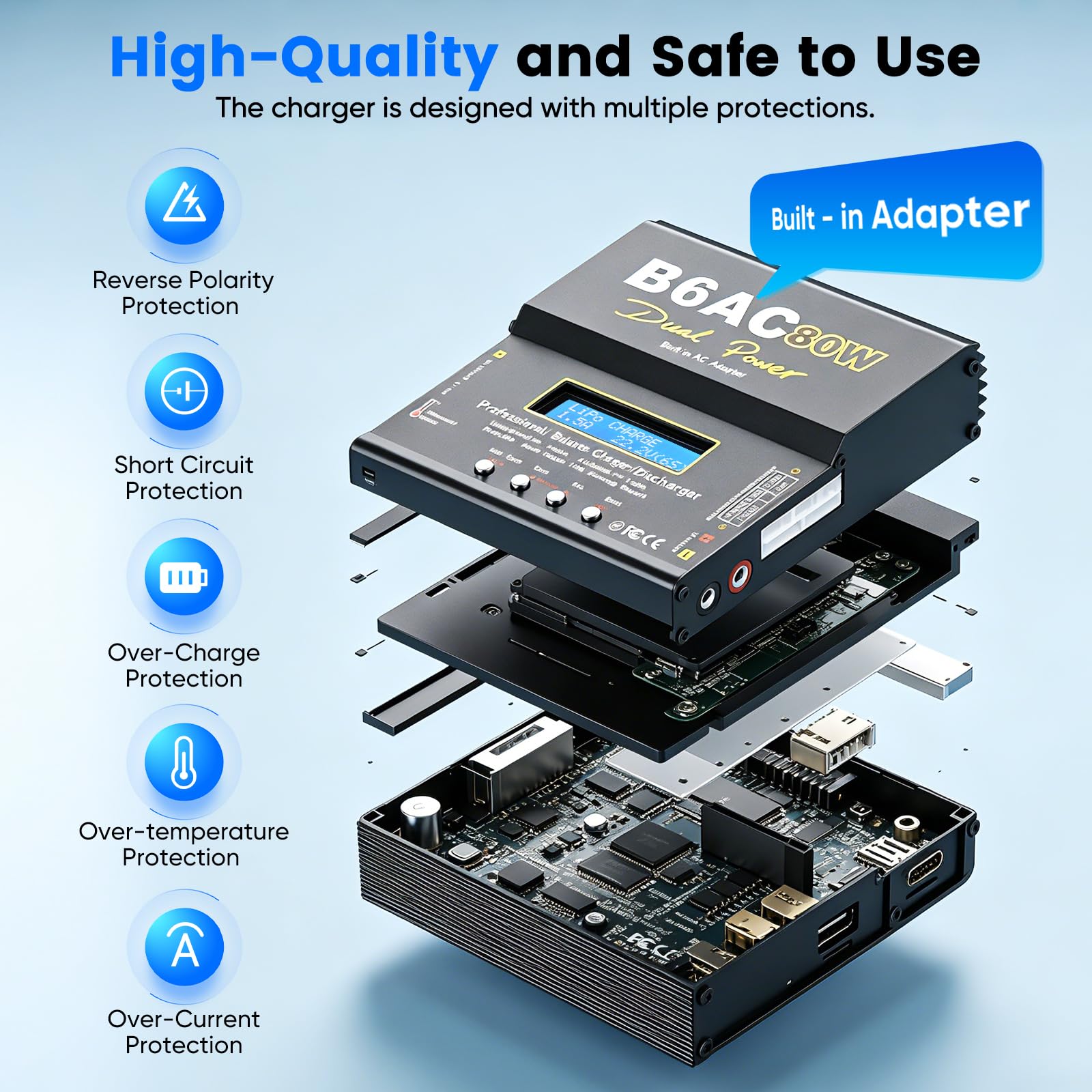 LiPo Ladegerät 80W 6A Dual Power Akku Ladegerät mit Balancer für LiPo Li-Ion Life (1-6S) NiMH NiCd (1-15S) PB, B6AC RC Batterie Ladestation mit LCD Display & Multi-Kabel für RC Auto Drohne, Schwarz