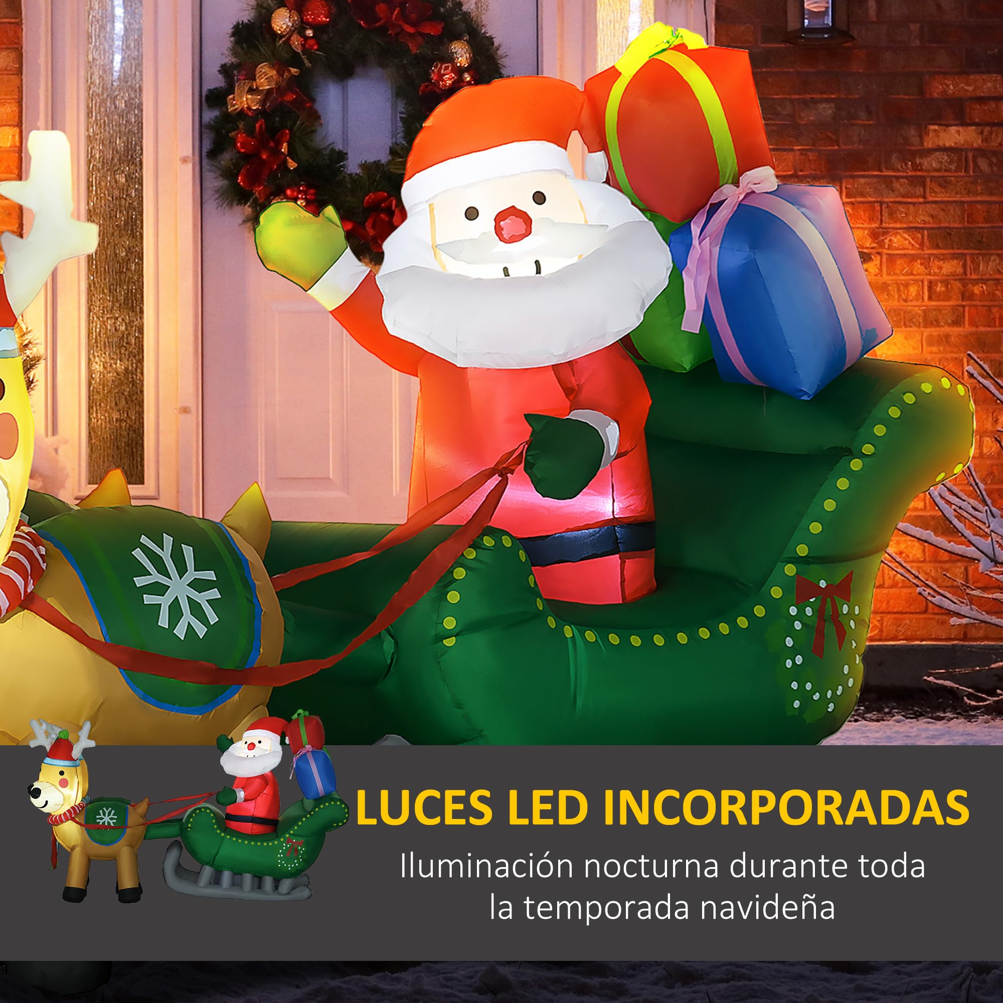 HOMCOM Decoración Inflable de Navidad Papá Noel con Trineo 210x70x125 cm | 2 Renos, Decoración Navideña, con 4 Luces LED, para Jardín Patio