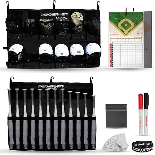 PowerNet Ultimate Coaching Team Bundle Tablero de alineación magnética Organizador de casco colgante Carrito de valla para 12 murciélagos