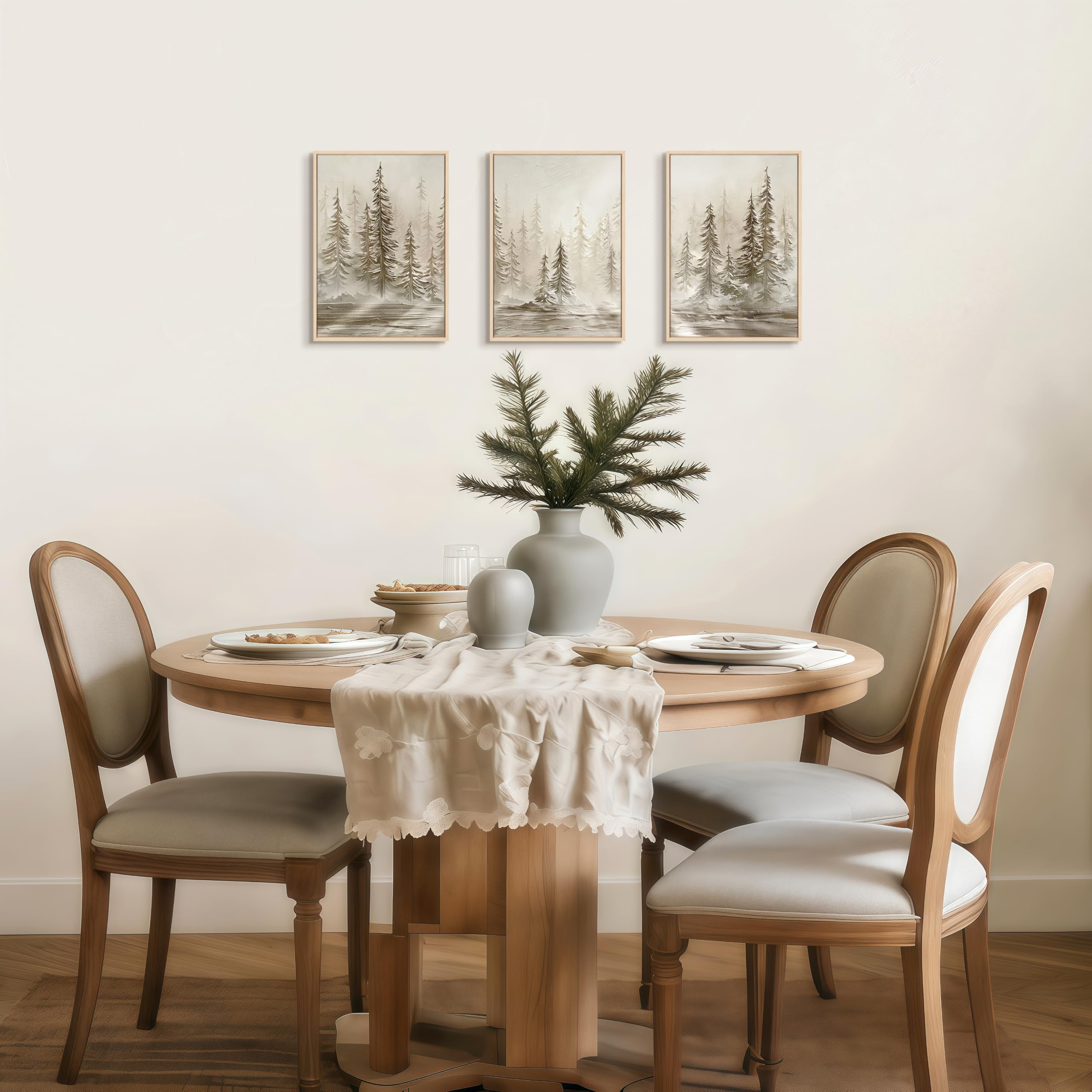 3Pcs Quadri Moderni Neutro Astratto Paesaggio Stampa Su Tela Con Cornice, Nebuloso Sole Pino Foresta Stampe Da Parete Natura Rustico Foresta Quadro Decor per Soggiorno Camera da Letto Cucina 30x40cmx3