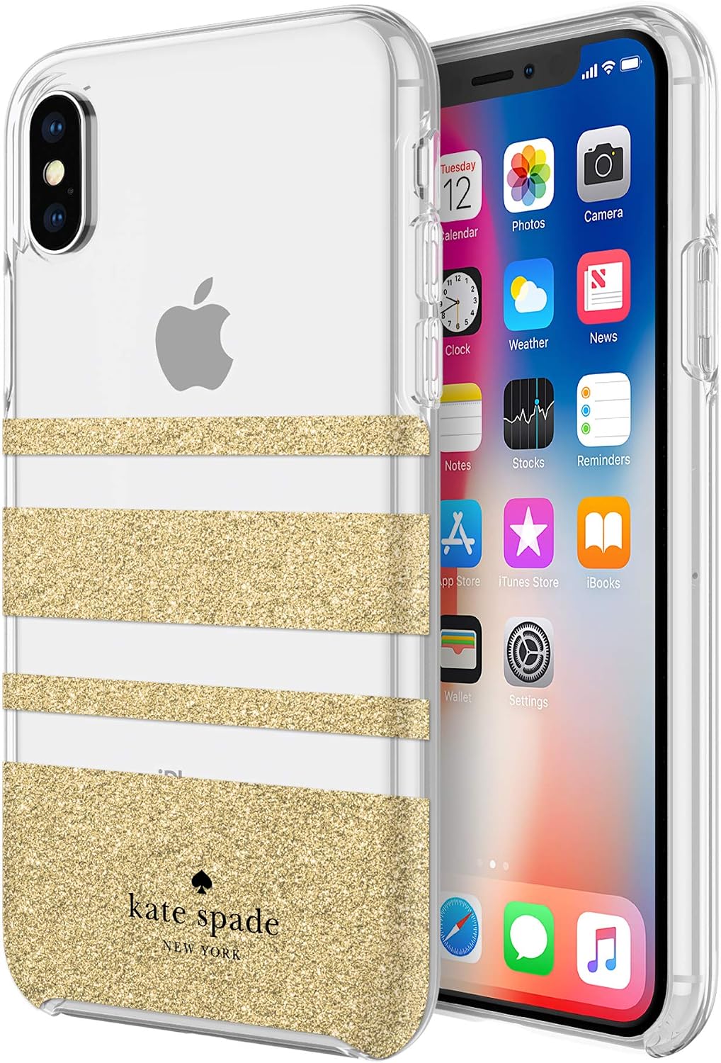Kate Spade New York Phone Case for Apple iPhone X and 2018 iPhone Xs Protective Phone Cases with Slim Design Drop Protection and Floral Print, Charlotte Stripe Gold Glitter/Clear