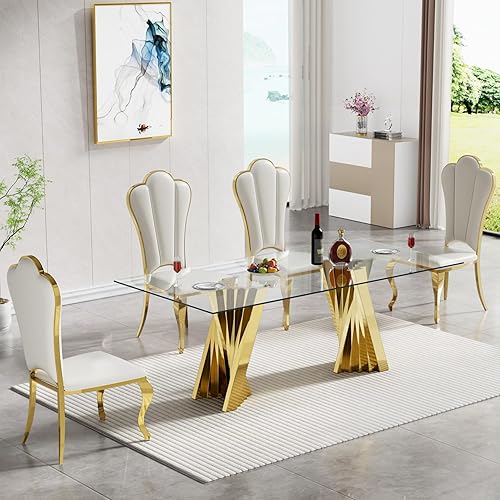 Miniatura 35 de SSLine Moderno juego de mesa de comedor de cristal de 7 piezas para 6 mesas de cocina y sillas de cristal dorado de lujo para 6 elegantes mesas de