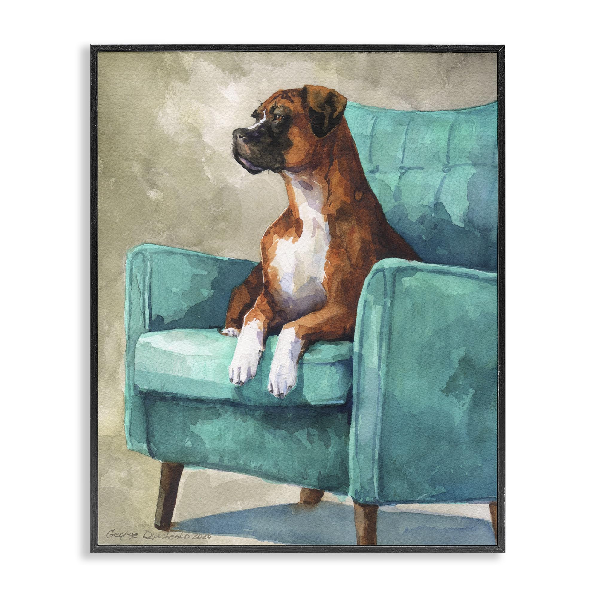 Stupell Industries 'Majesty Boxer on Armchair', Framed Giclee Art, Black, 24 x 30 Inches, Easy to Hang and Sturdy, Made in USA, by George Dyachenko