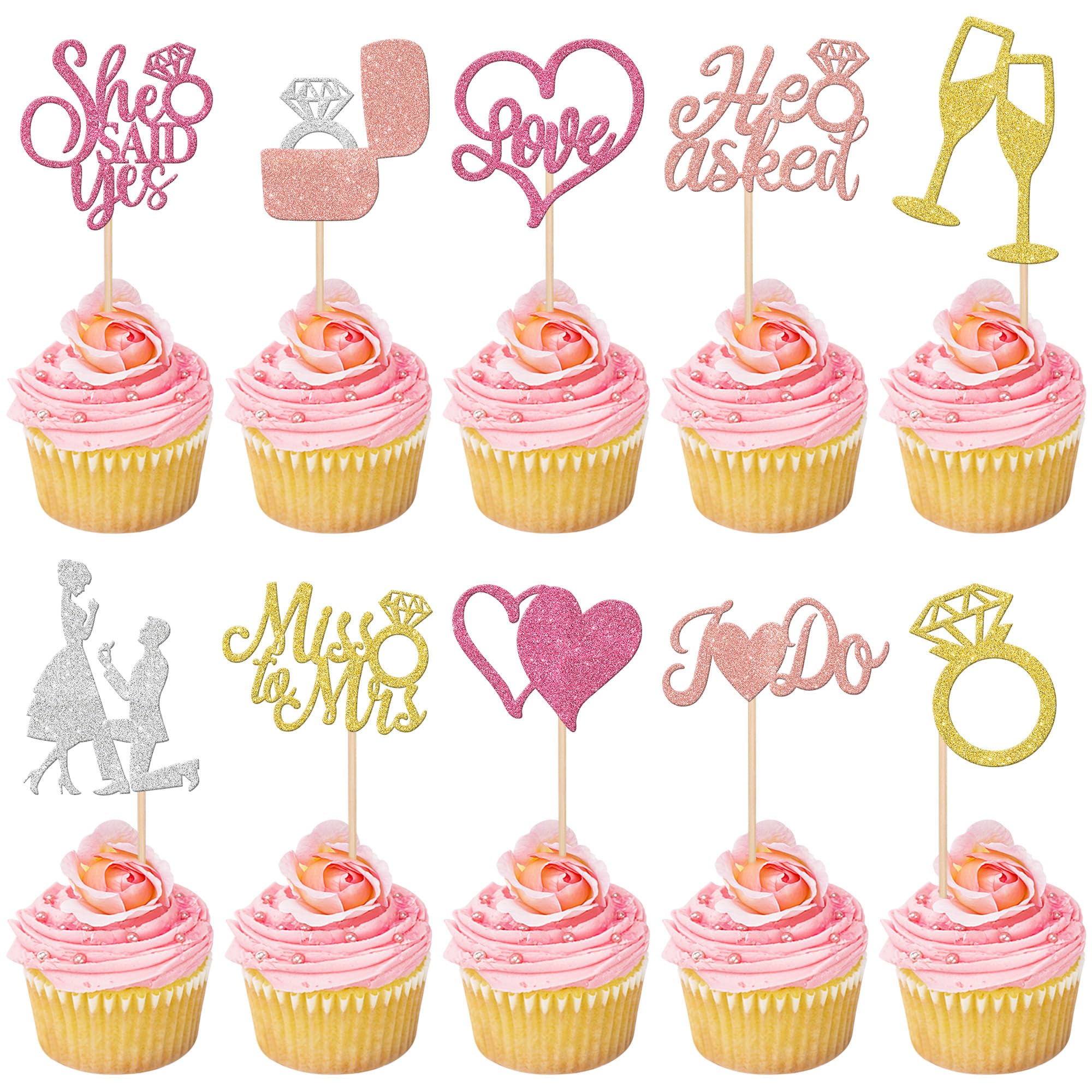 30 Pack He Asked She Said Yes Bride to Be Cupcake Toppers Rose Gold Glitter I Do Love Heart Ring Miss To Mrs Cupcake Picks Bridal Shower Cake Decorations for Wedding Engagement Party Supplies