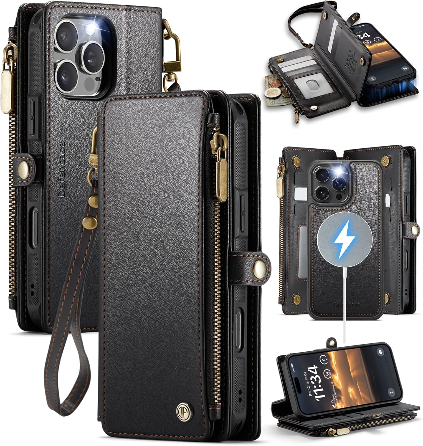 Defencase for iPhone 16 Pro Magnetic Wallet Case Compatible with Magsafe with RFID Blocking Zipper Strap Card Holder for Women Men PU Leather Detachable Case for iPhone 16 Pro (6.3 inches), Black