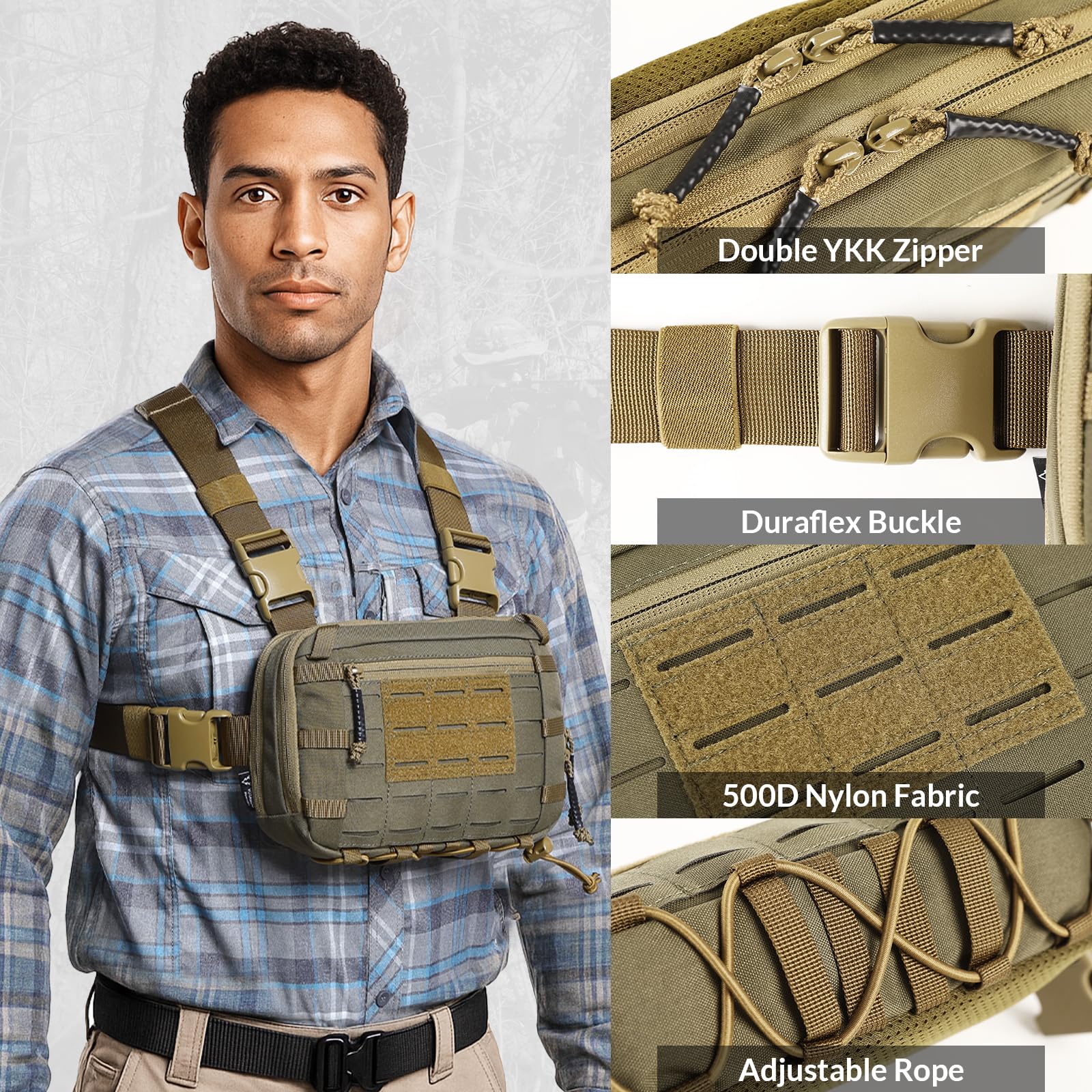 VOTAGOO GEAR Tactical Chest Pack EDC Chest Bag 2L Utility Molle Chest Rig Pouch with CCW Compartment Adjustable Strap Outdoor (GREEN&BROWN)
