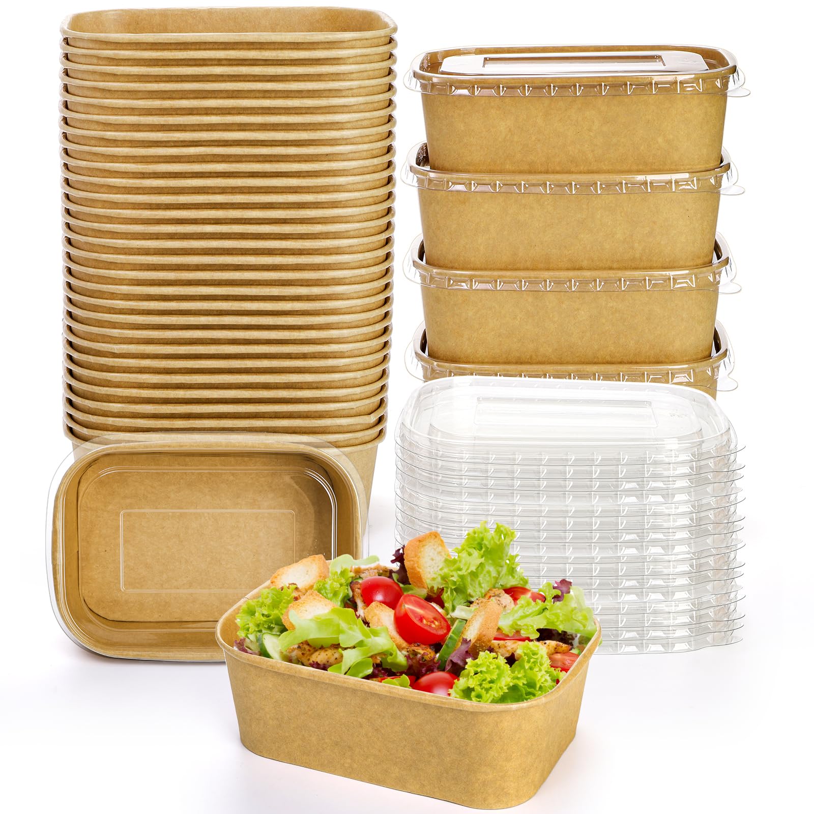 Yesland 50 Pack Compostable Rectangular Kraft Paper Bowls, 25 Oz, Microwave & Freezer Safe, Reusable, Perfect for Take-Out, Office Lunch, Picnic, 6.75 x 4.75 x 2.5 inches