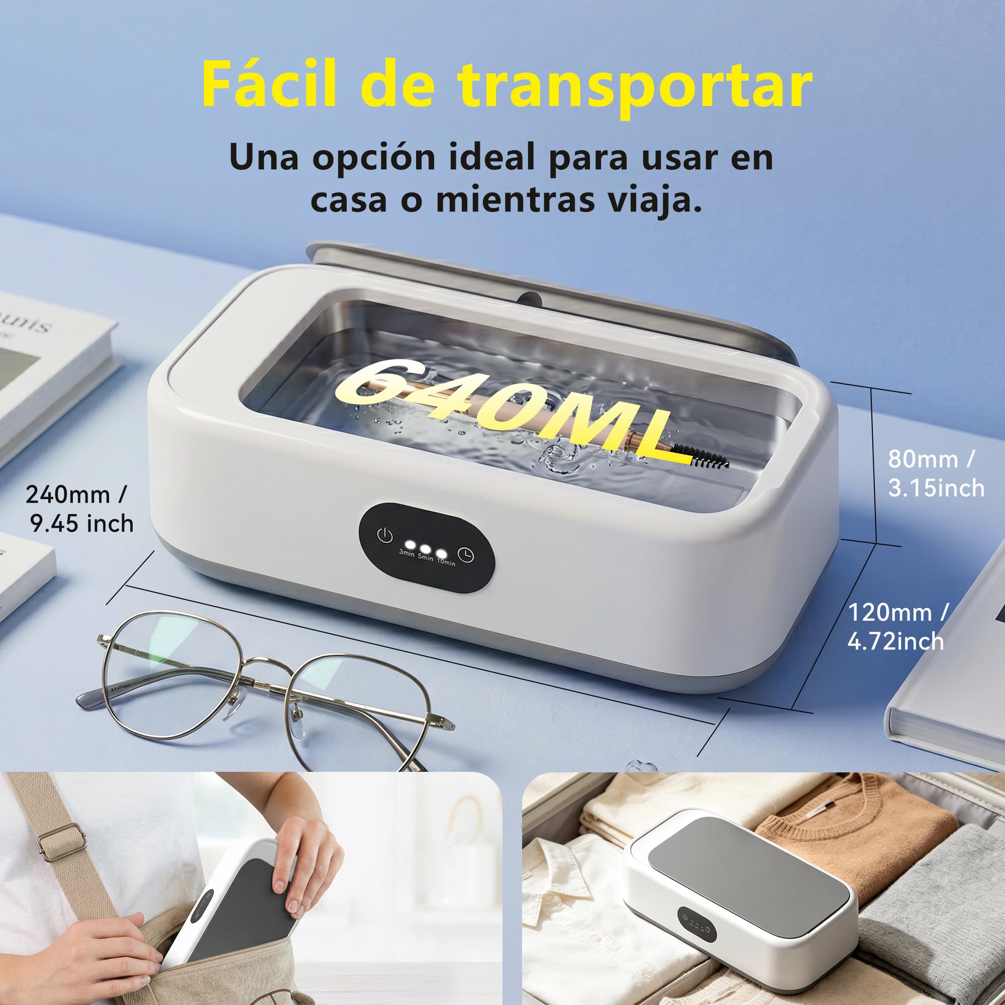 Limpiador Ultrasonidos,640ML limpiador ultrasónico para Férula dental | 49 kHz limpieza , cubeta 304 inoxidable, 3 temporizadores, silencioso. Multiusos para gafas, joyas y prótesis