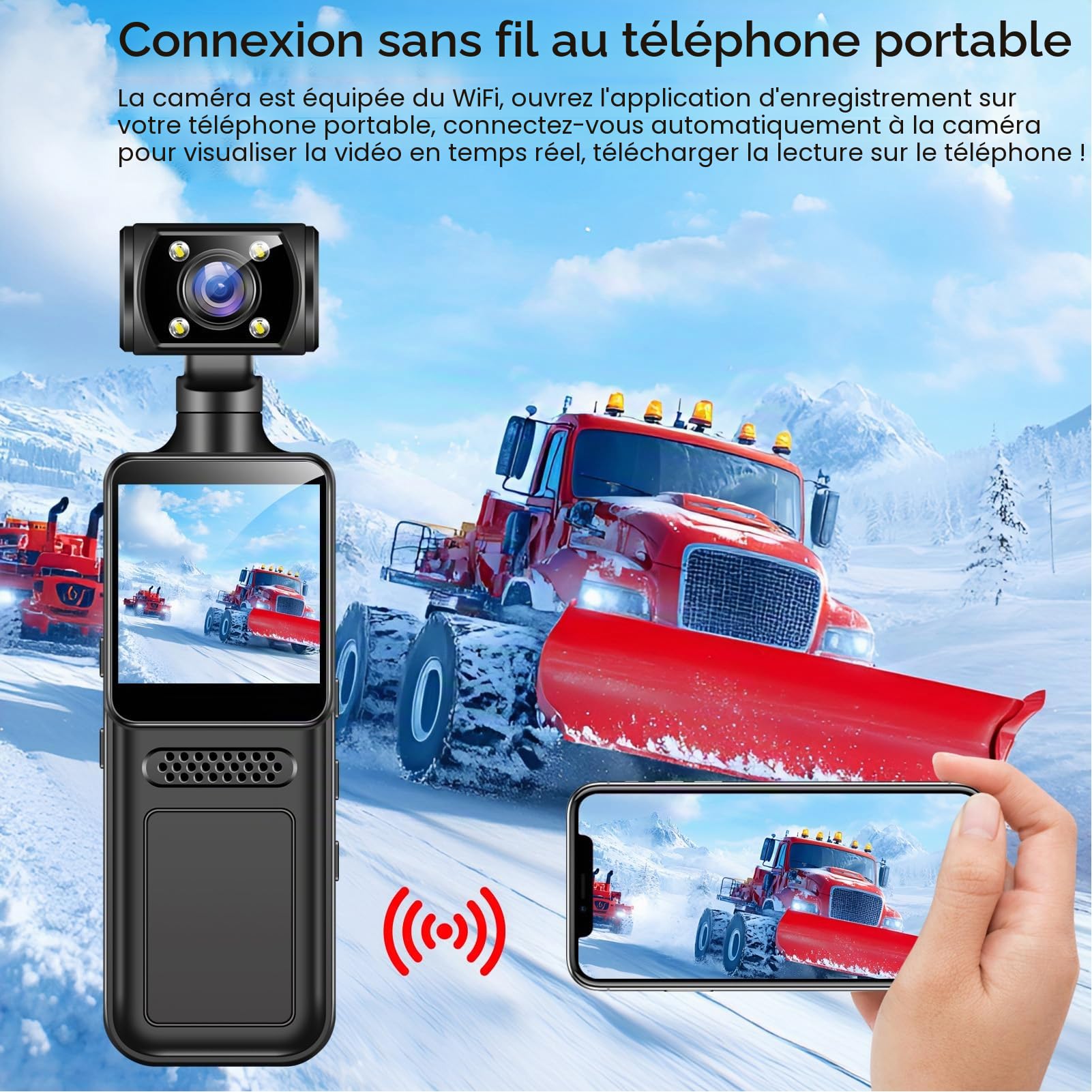 Caméra d'action Portable, 4K HD, Wi-FI, Rotative à 180°, pour Le Sport, Les Voyages, Les Vlogs, avec Clip, écran HD 1,3 Pouces, Contrôle par Application