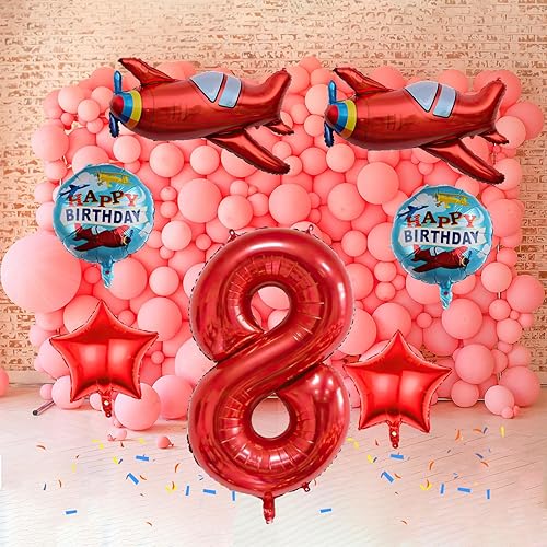 Miniatura 7 de 7 globos de avión, globos de aluminio de Mylar con número de cumpleaños de avión rojo, decoración de fiesta de cumpleaños temática de 8 años (8)