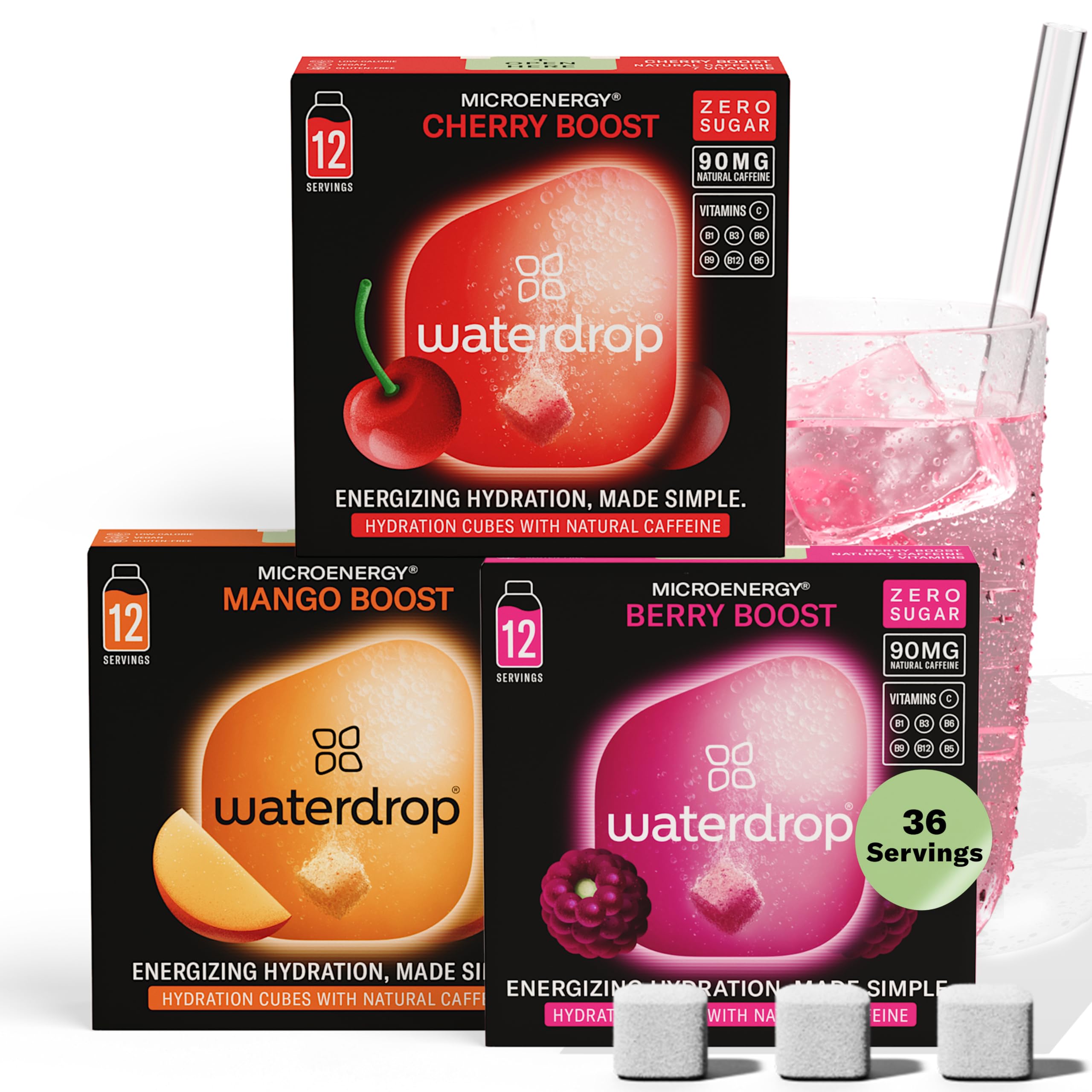 waterdrop® Microenergy Set, Energy Drink, 36 Water Flavouring Hydration Cubes, Blackberry, Mango and Cherry Flavour, Sugar Free, Low Calorie Fizzy Drinks, 90 mg Natural Caffeine, Vitamin C and B