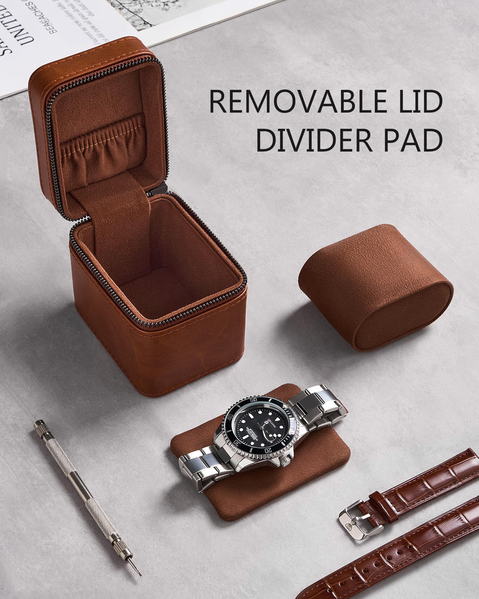 ProCase Estuche de Viaje para 1 Relojes, Caja para Relojes con Funda de PU Cuero y Acolchado Suave, Estuche Compacto para Relojes de Lujo y Smartwatches de Hasta 55 mm –Marrón