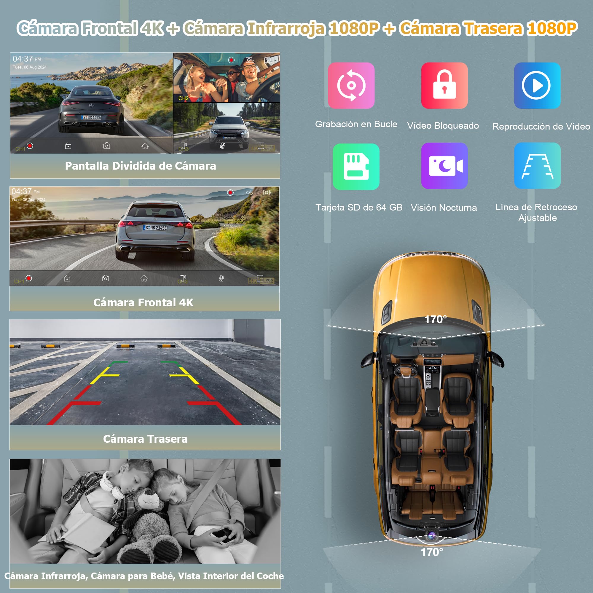 CARPURIDE W903S Pantalla con CarPlay y Android Auto y Dash CAM de 3 Canales | IPS HD de 9,3", Cám Frontal 4K, Cám Trasera 1080P,Cám Infrarroja 1080P, Grabación en Bucle, GPS, Bluetooth, Siri, Mirror Link